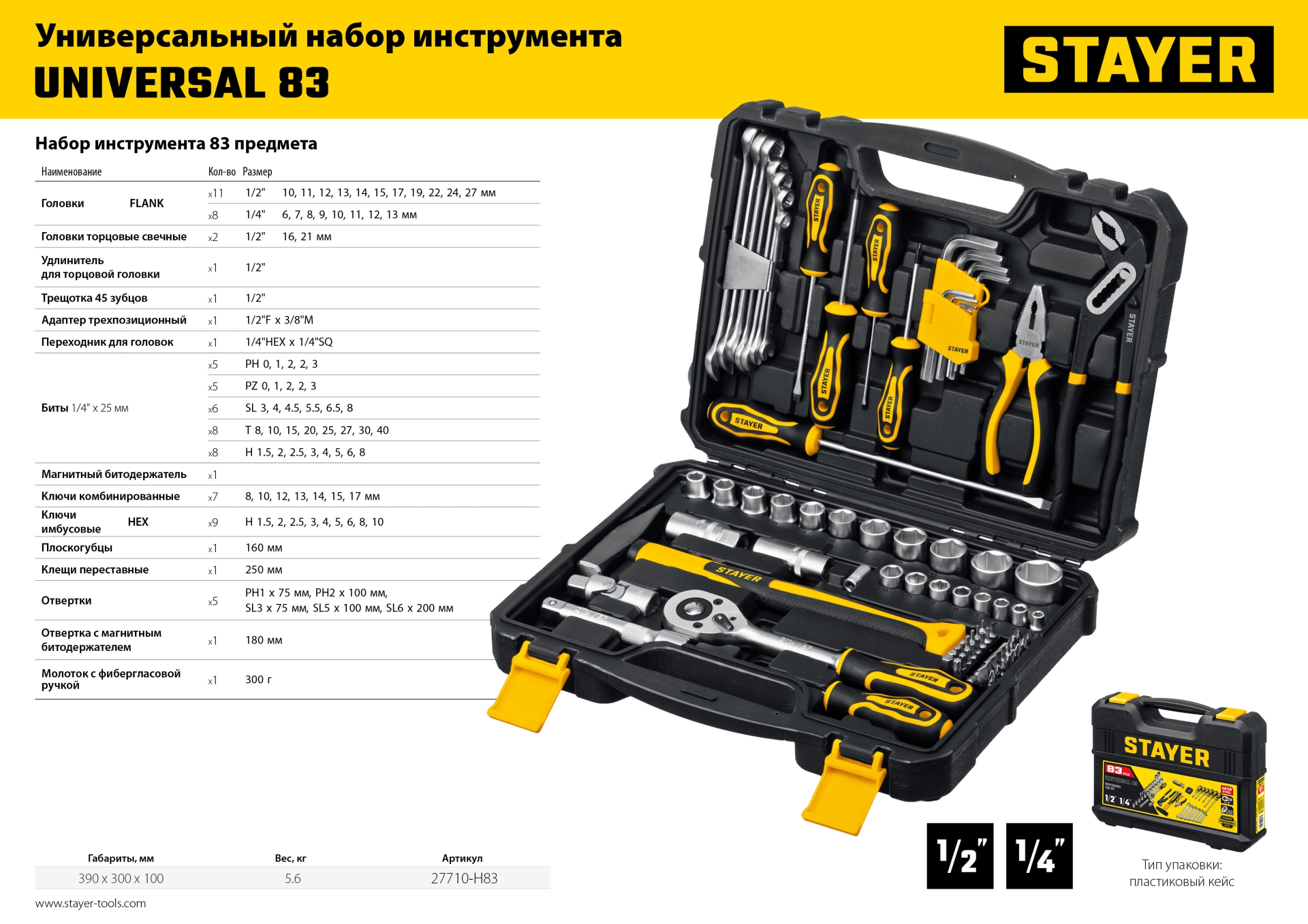 STAYER UNIVERSAL 83, 83 предм., (1/2″+ 1/4″), универсальный набор инструмента, Professional (27710-H83) — фото 13