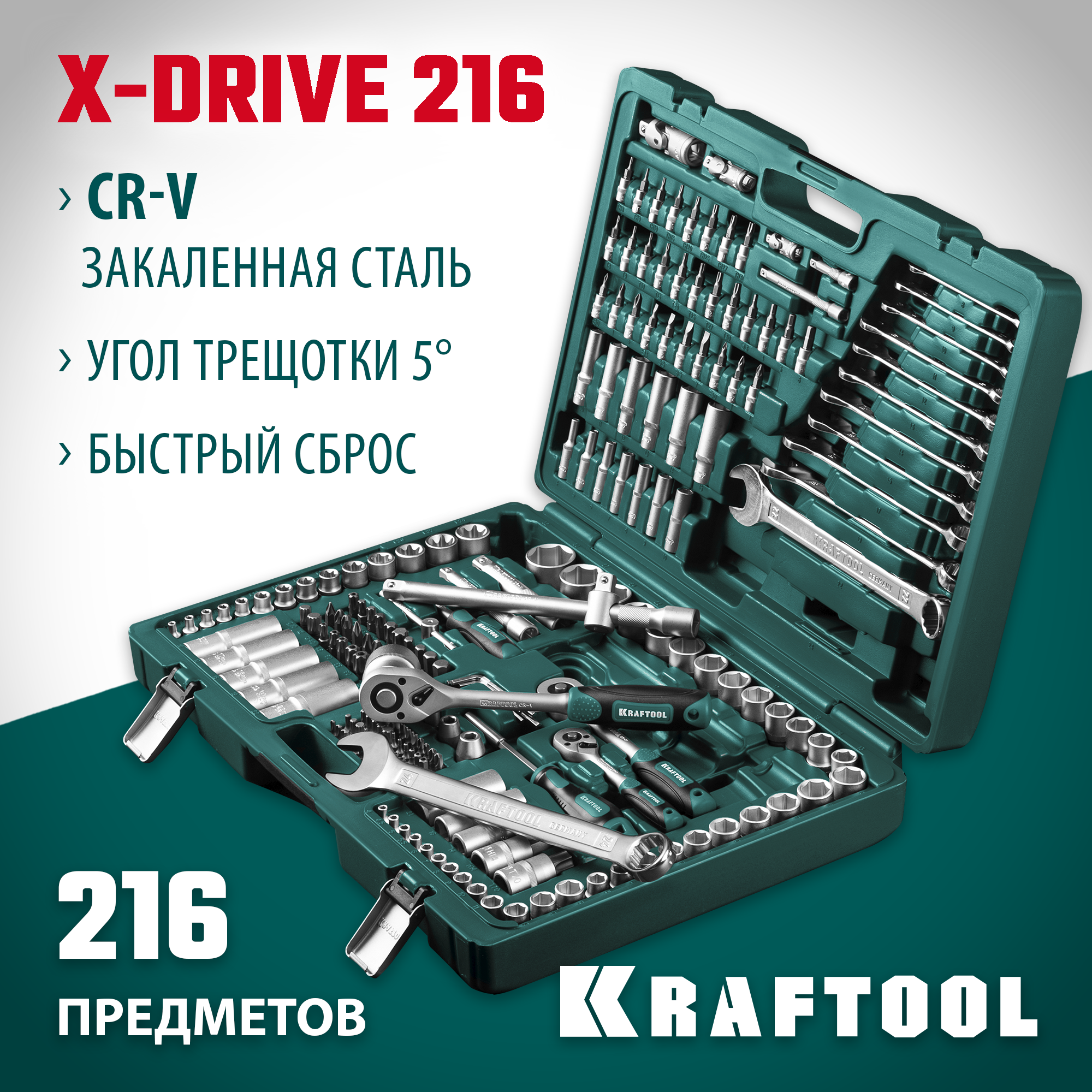 KRAFTOOL X Drive, 216 предм., (1/2″+3/8″+1/4″), универсальный набор инструмента (27888-H216) — фото 2