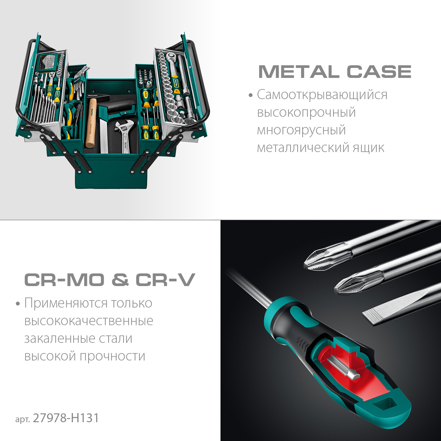 KRAFTOOL GRAND-131, 131 предм., (1/2″+1/4″), универсальный набор инструмента (27978-H131) — фото 4