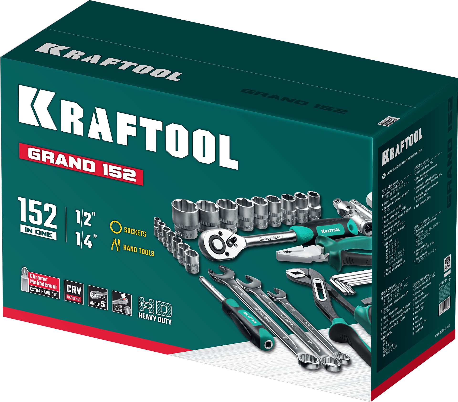 KRAFTOOL GRAND-152, 152 предм., (1/2″+1/4″), Универсальный набор инструмента (27978-H152) — фото 12