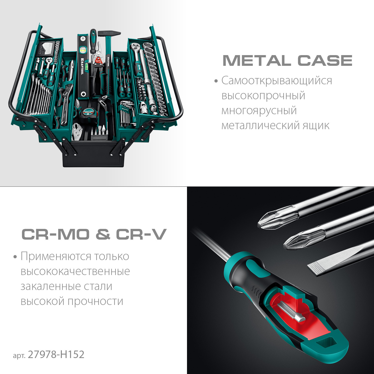 KRAFTOOL GRAND-152, 152 предм., (1/2″+1/4″), Универсальный набор инструмента (27978-H152) — фото 4
