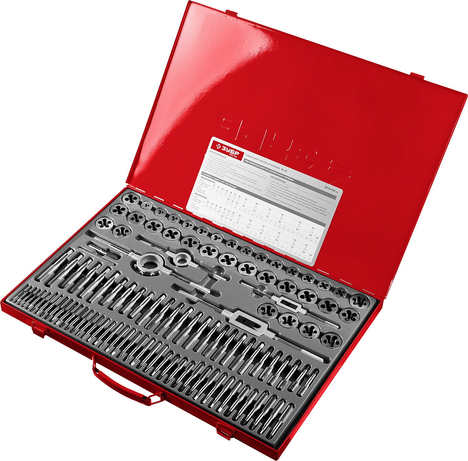 ЗУБР 110 предм., сталь 9ХС, набор метчиков и плашек (28119-H110) — фото 3