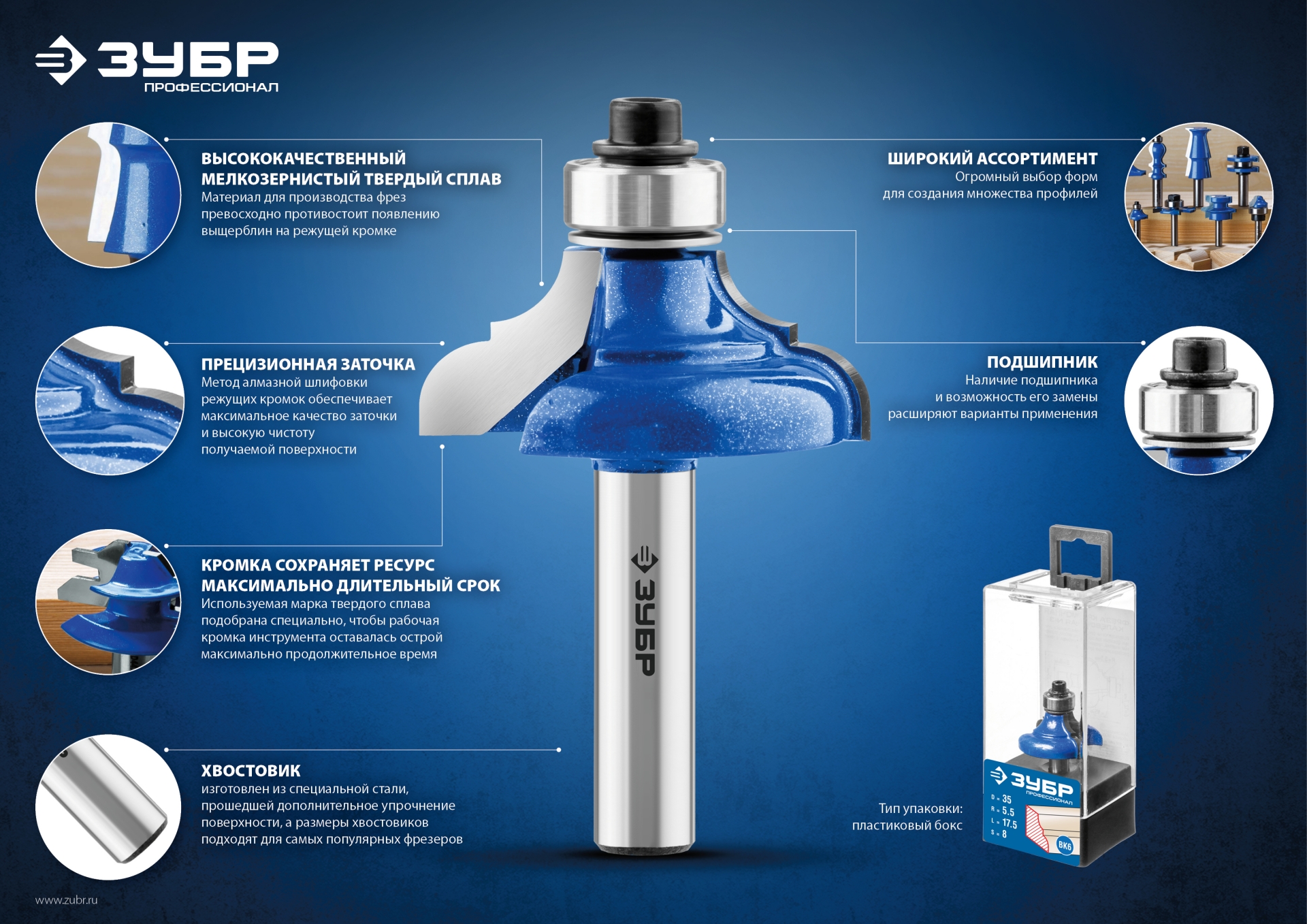 ЗУБР 41.3 x 35 мм, радиус 12.7 мм, фреза полустержневая с подшипником, Профессионал (28722-41.3) — фото 6