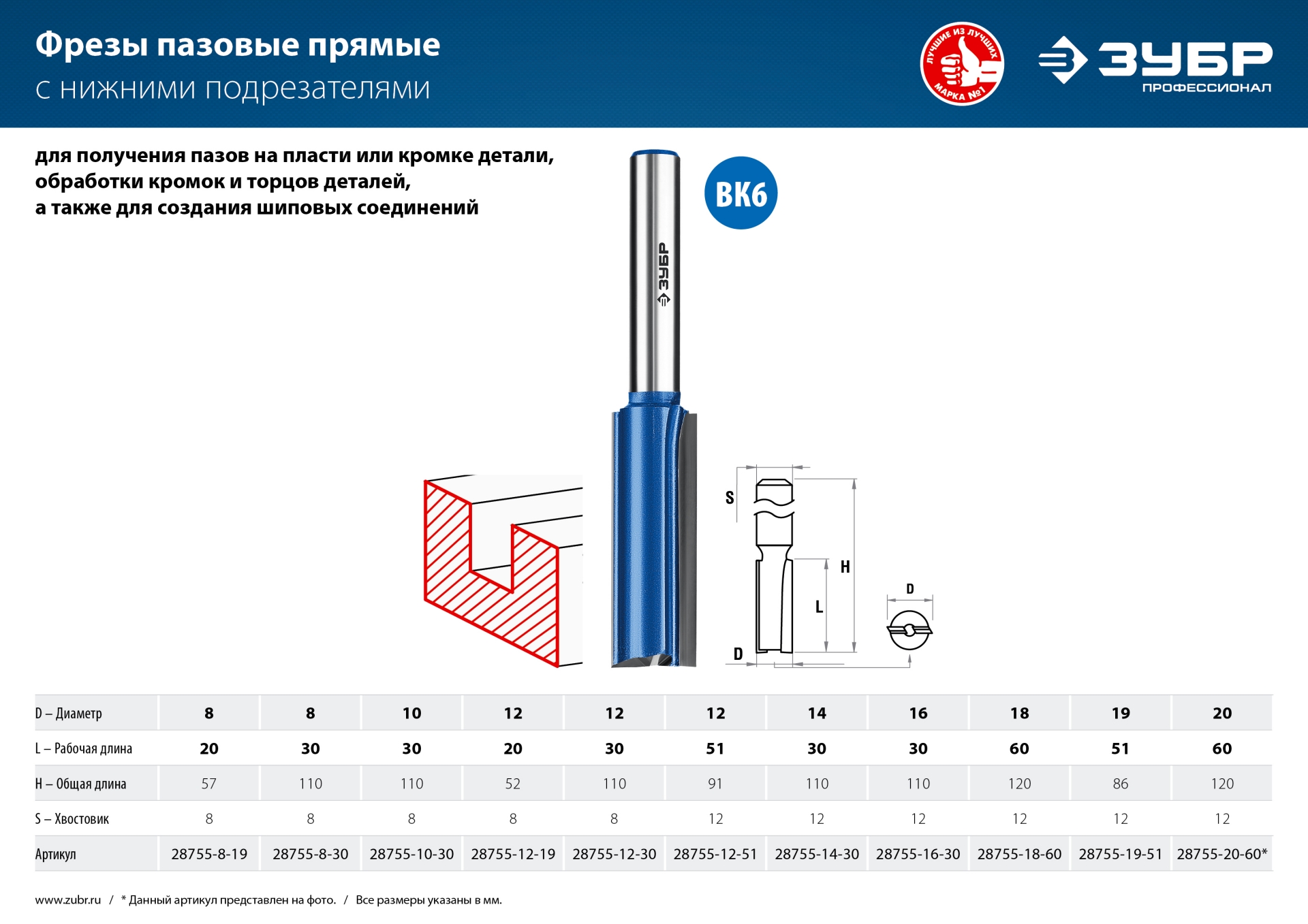 ЗУБР 16 x 30 мм, хвостовик 12 мм, фреза пазовая прямая с нижними подрезателями, Профессионал (28755-16-30) — фото 5