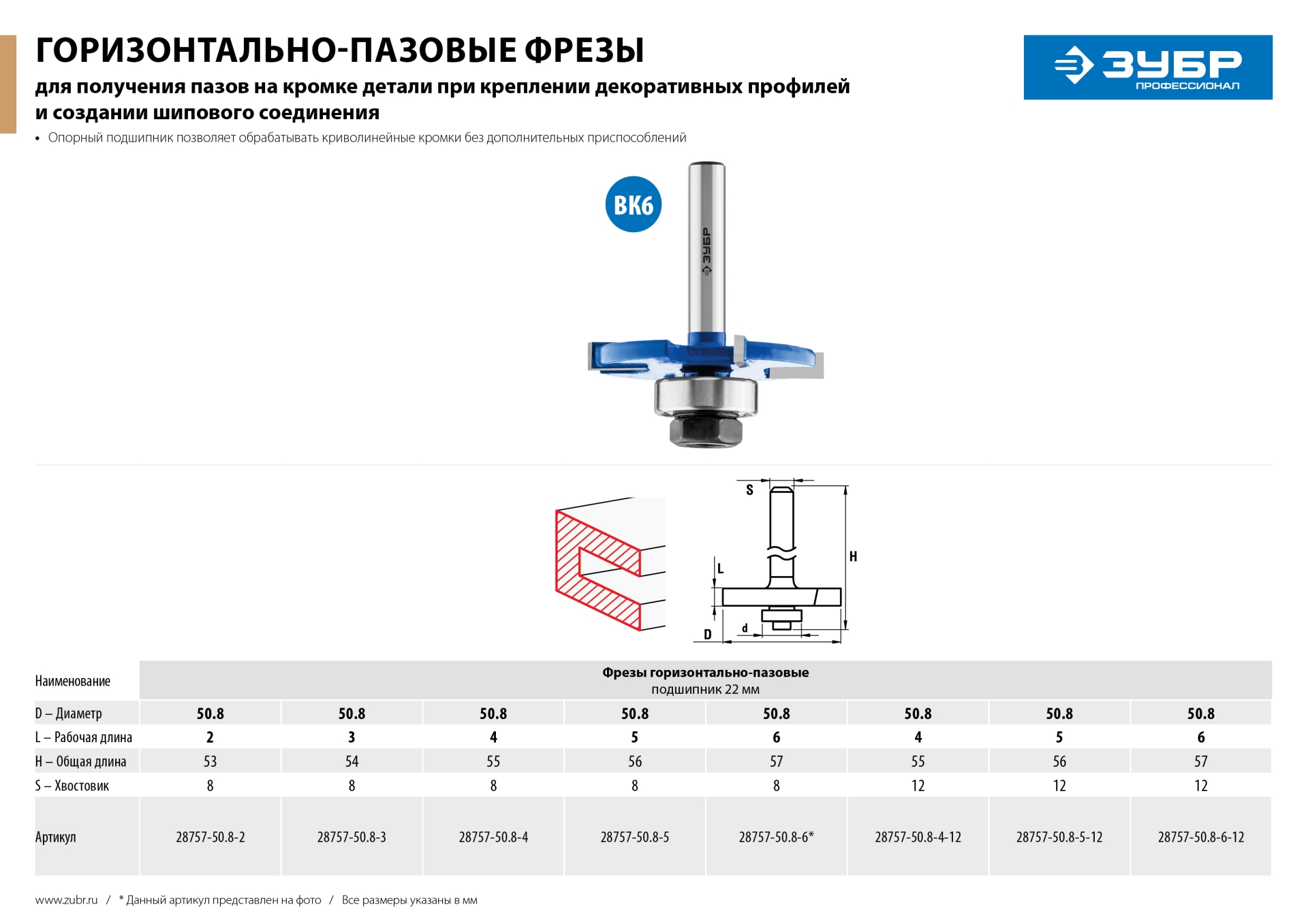 ЗУБР 50.8 x 5 мм, хвостовик 12 мм, фреза горизонтально-пазовая, Профессионал (28757-50.8-5-12) — фото 8