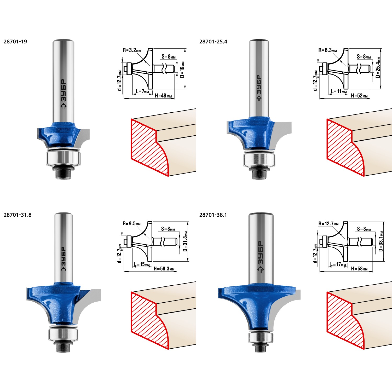 ЗУБР 4 шт, набор профильных фрез по дереву, Профессионал (28795-H4-2) — фото 5