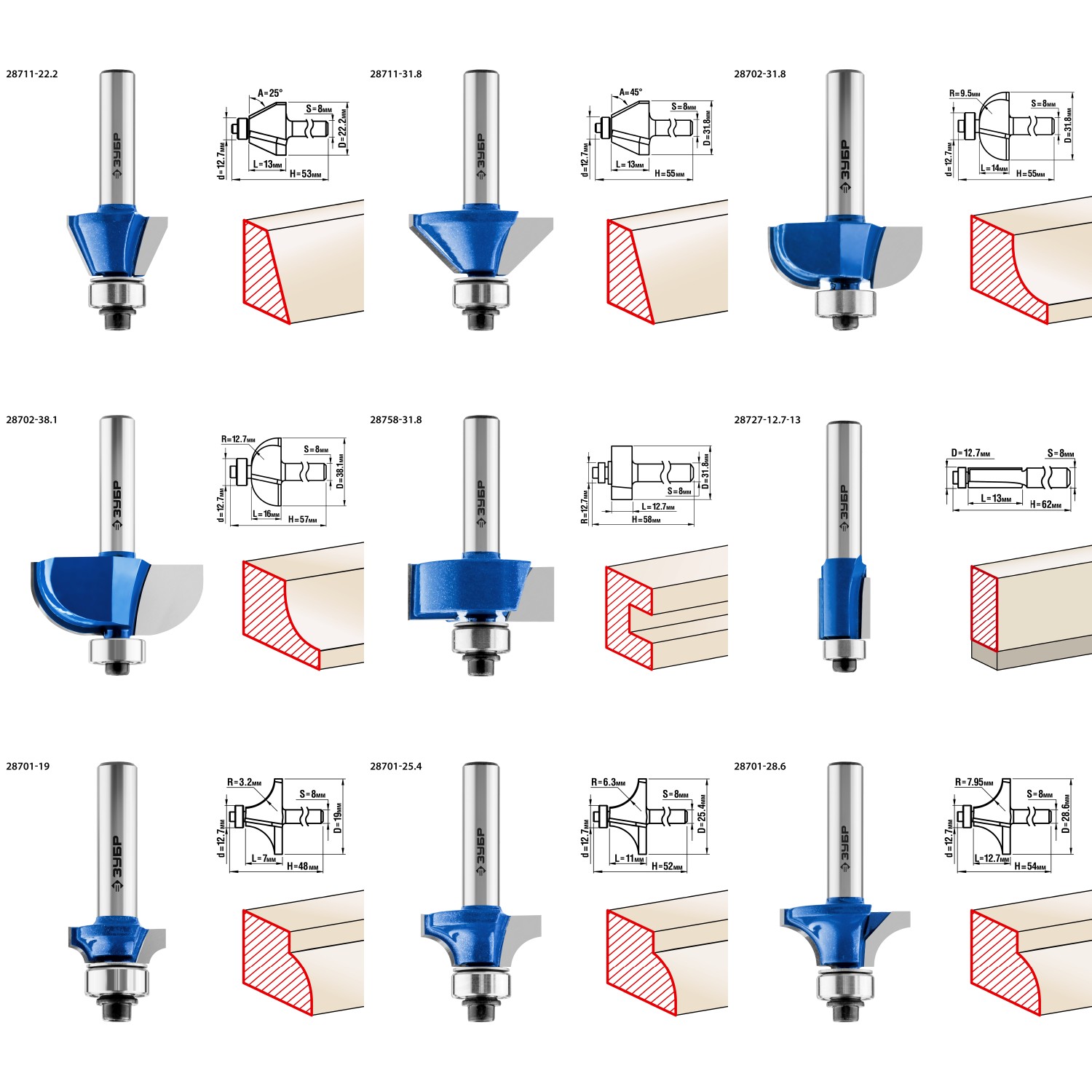 ЗУБР 30 шт, набор профильных фрез по дереву, Профессионал (28796-H30) — фото 7