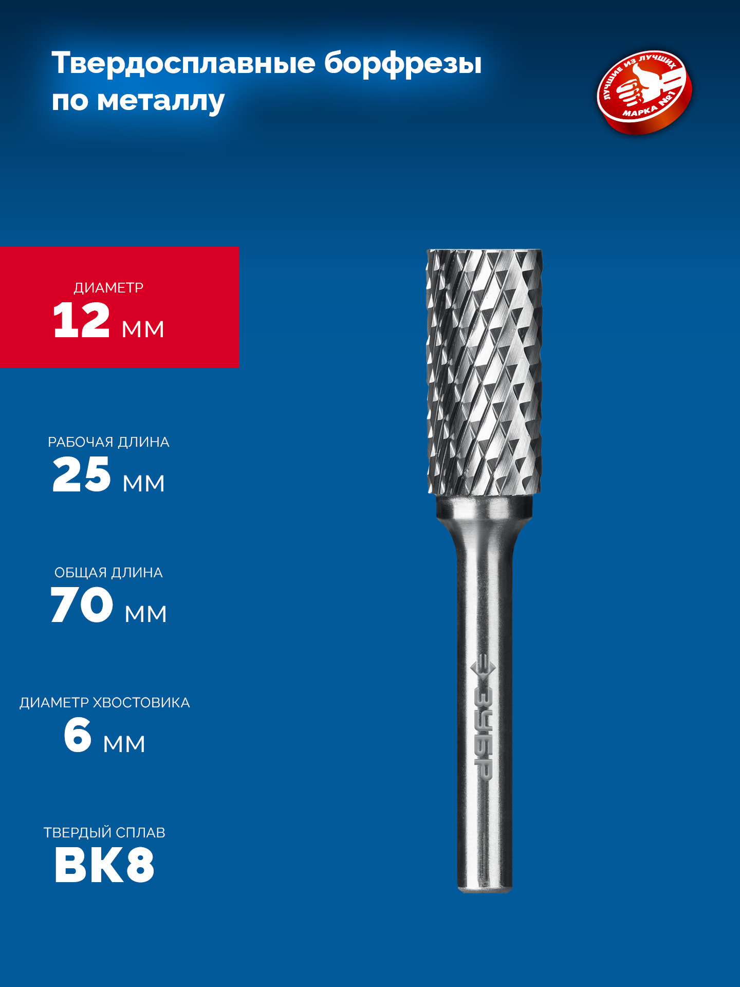 ЗУБР 12х25 мм, тип А (цилиндр с гладким торцом), хв-к 6 мм, твердосплавная борфреза, ПРОФЕССИОНАЛ (28800-12-25) — фото 6