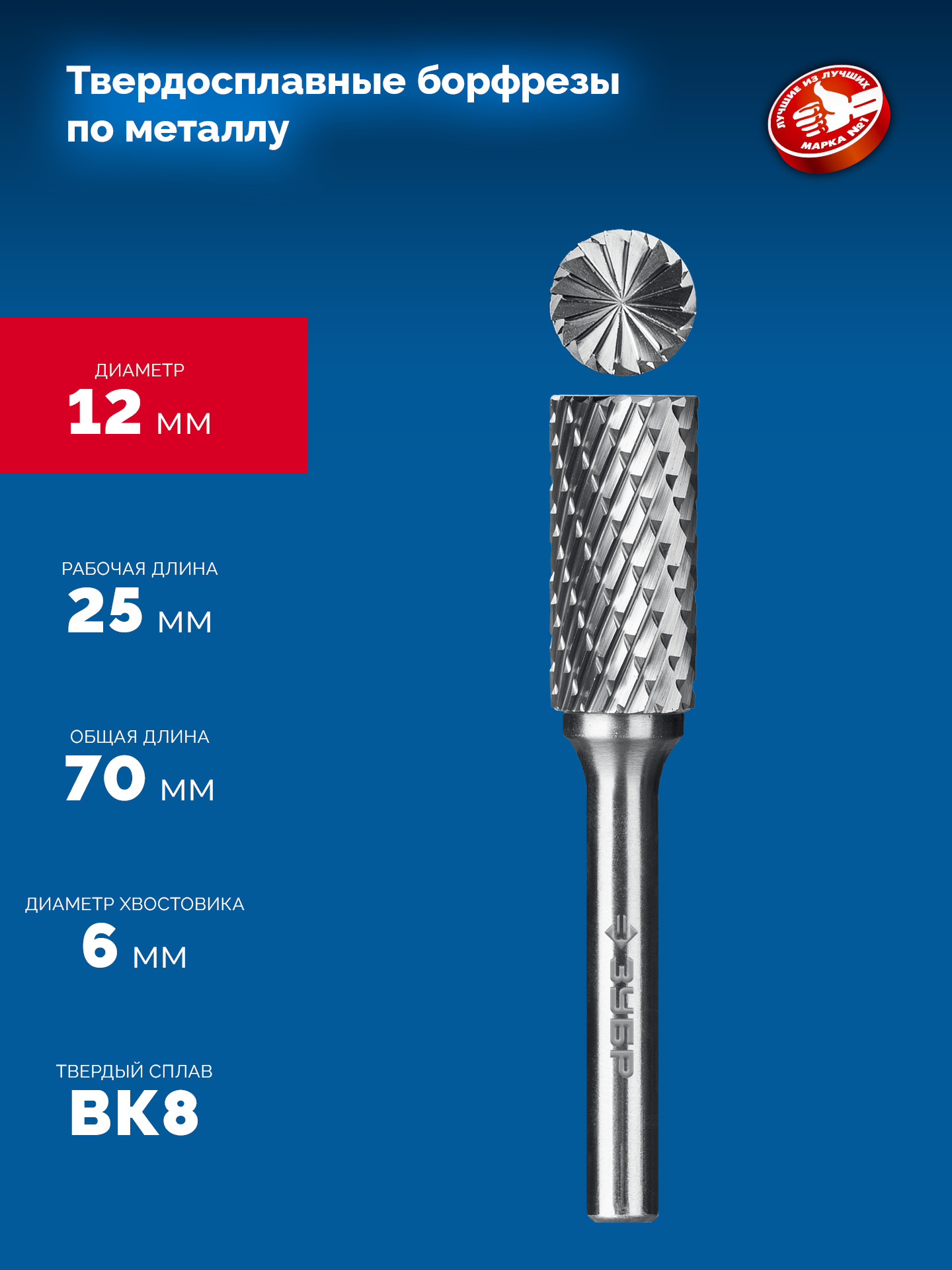 ЗУБР 12х25 мм, тип B (цилиндр с торцевыми зубьями), хв-к 6 мм, твердосплавная борфреза, ПРОФЕССИОНАЛ (28801-12-25) — фото 6
