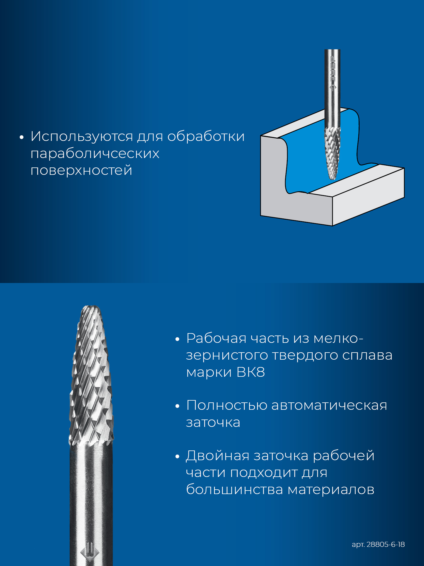 ЗУБР 6х18 мм, тип F (парабола с закругленным углом, радиус 1.5 мм), хв-к 6 мм, твердосплавная борфреза, ПРОФЕССИОНАЛ (28805-6-18) — фото 7
