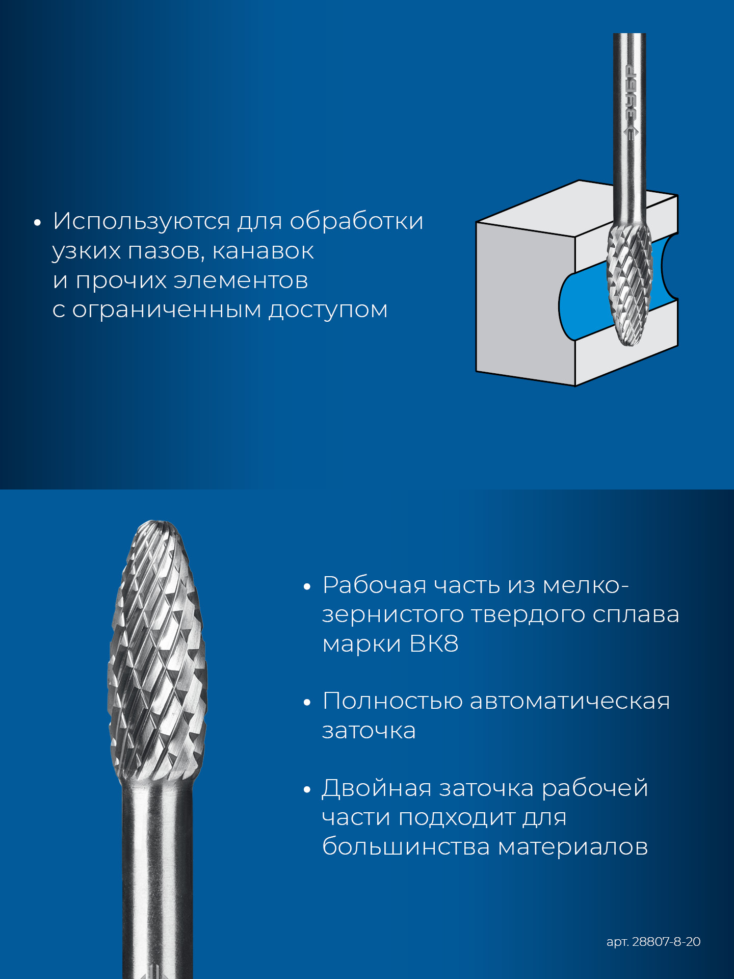 ЗУБР 8х20 мм, тип H (пламя, радиус 1.5 мм), хв-к 6 мм, твердосплавная борфреза, ПРОФЕССИОНАЛ (28807-8-20) — фото 7