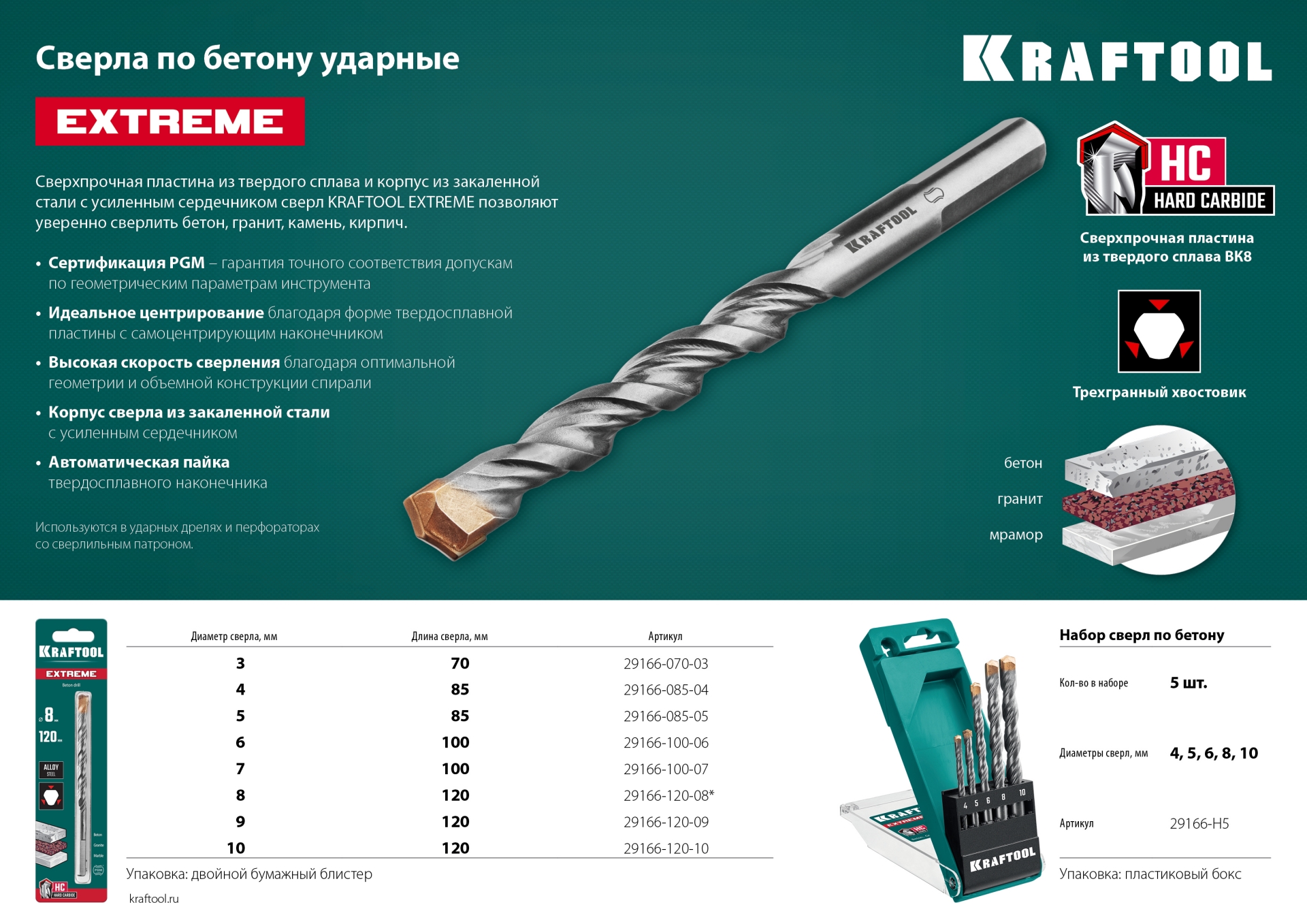 KRAFTOOL Extreme, 10 х 120 мм, трехгранный хвостовик, сверло по бетону (29166-120-10) — фото 7