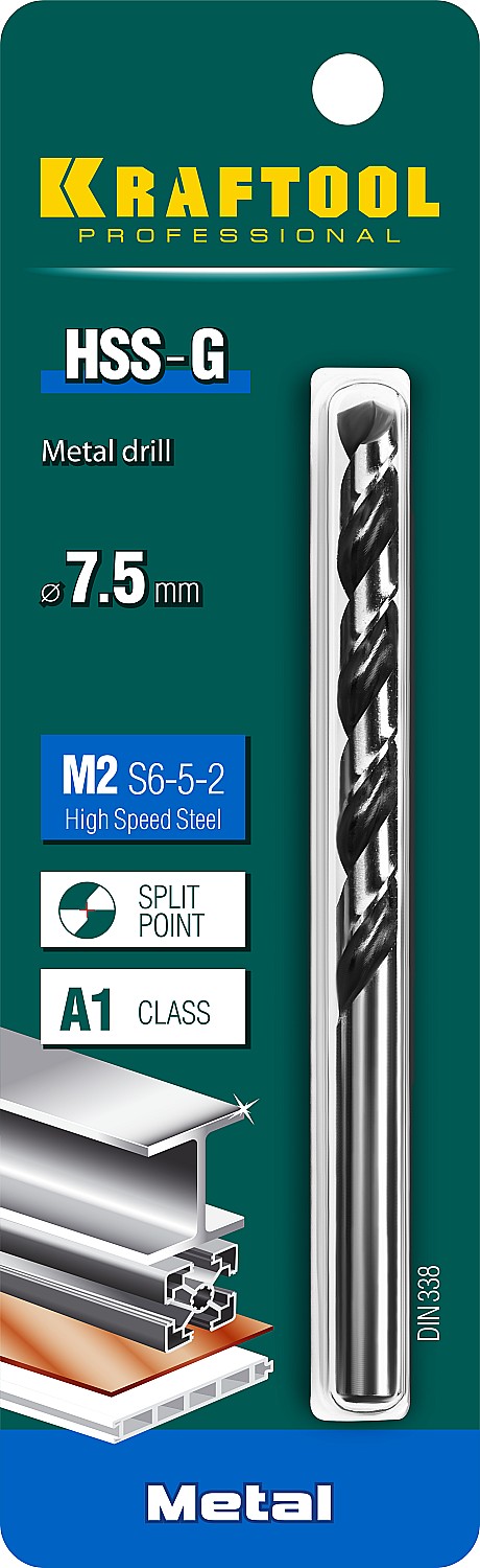 KRAFTOOL HSS-G, 7.5 х 109 мм, сталь P6M5, сверло по металлу (29651-7.5) — фото 3