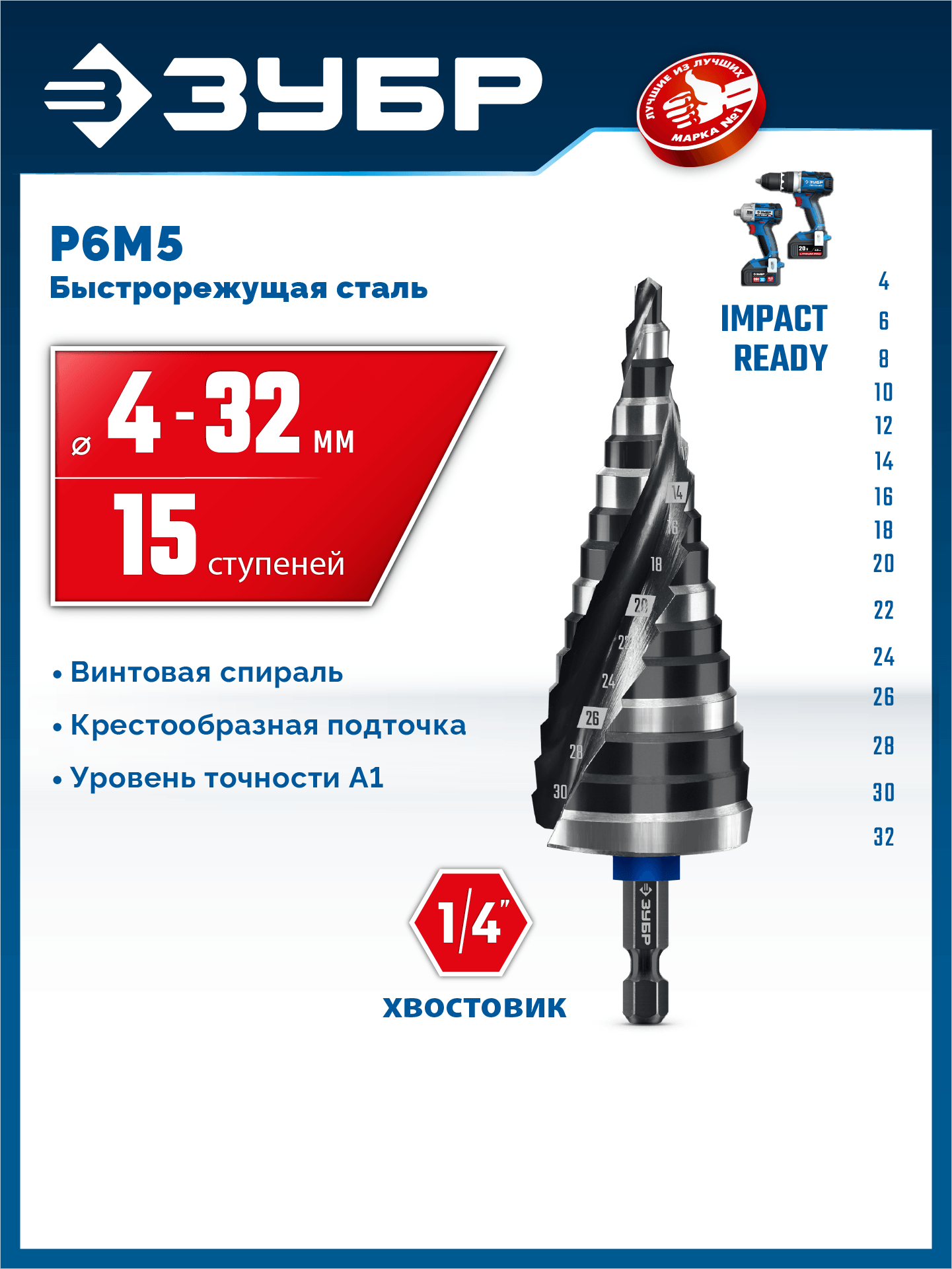 ЗУБР BLACK FORCE 4-32мм, 15 ступеней, винтовая проточка, сверло ступенчатое, ПРОФЕССИОНАЛ (29671-4-32-15) — фото 2