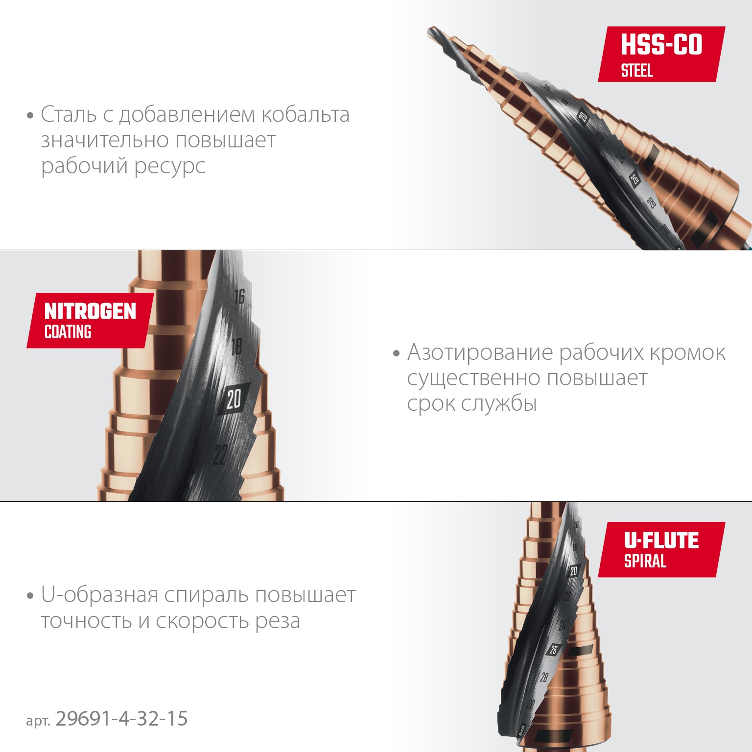 KRAFTOOL COBALT 4-32мм, 15 ступеней, азотирование, винтовая спираль, сверло ступенчатое(29691-4-32-15) — фото 4