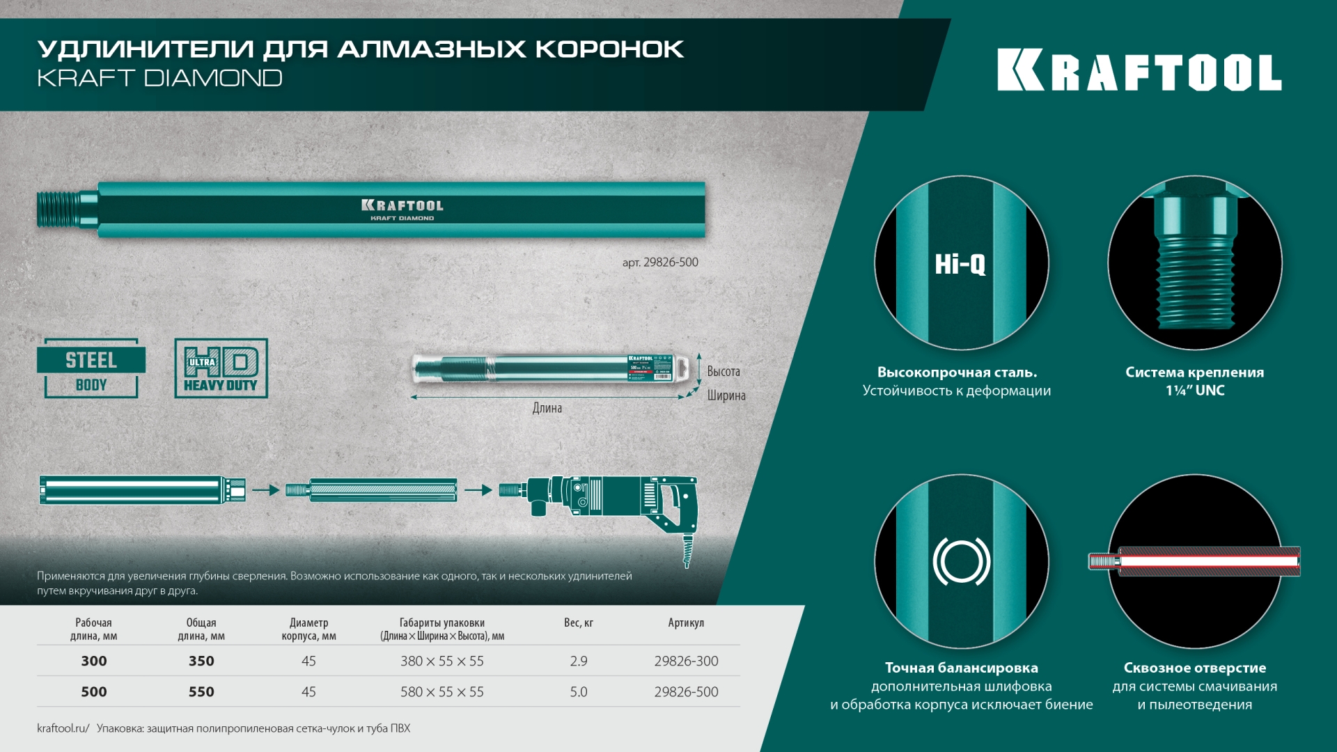 KRAFTOOL L300 мм, стальной, посадка 1 1/4″, Удлинитель для алмазных коронок (29826-300) — фото 8
