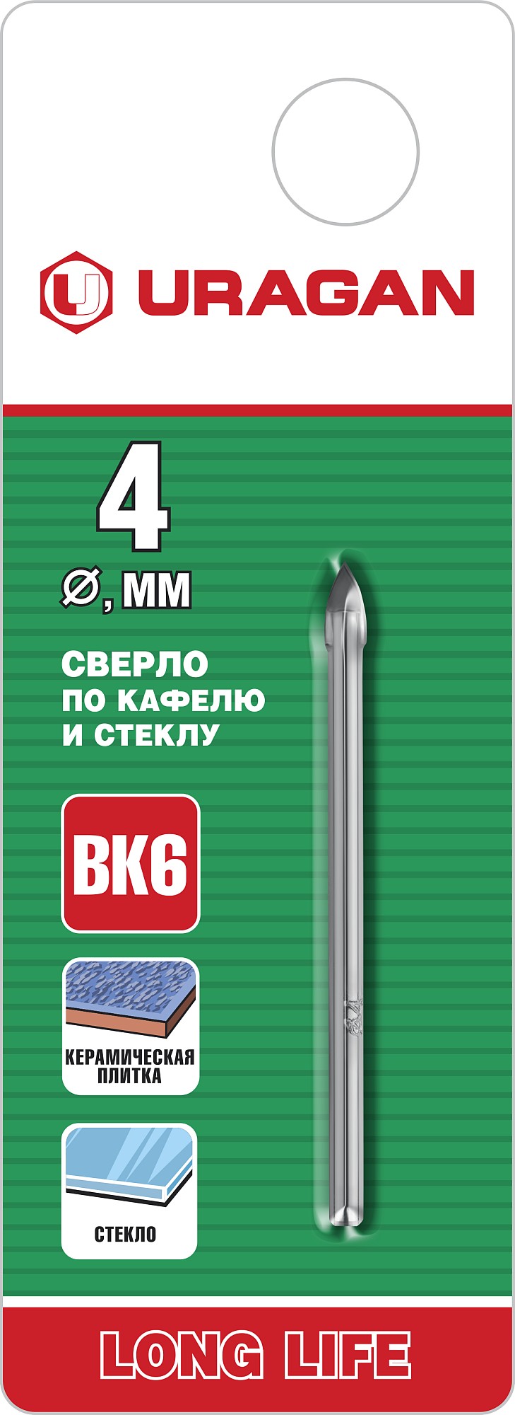 URAGAN 4 мм, 2х кромка, цилиндр хвостовик, Сверло по стеклу и кафелю (29830-04) — фото 2