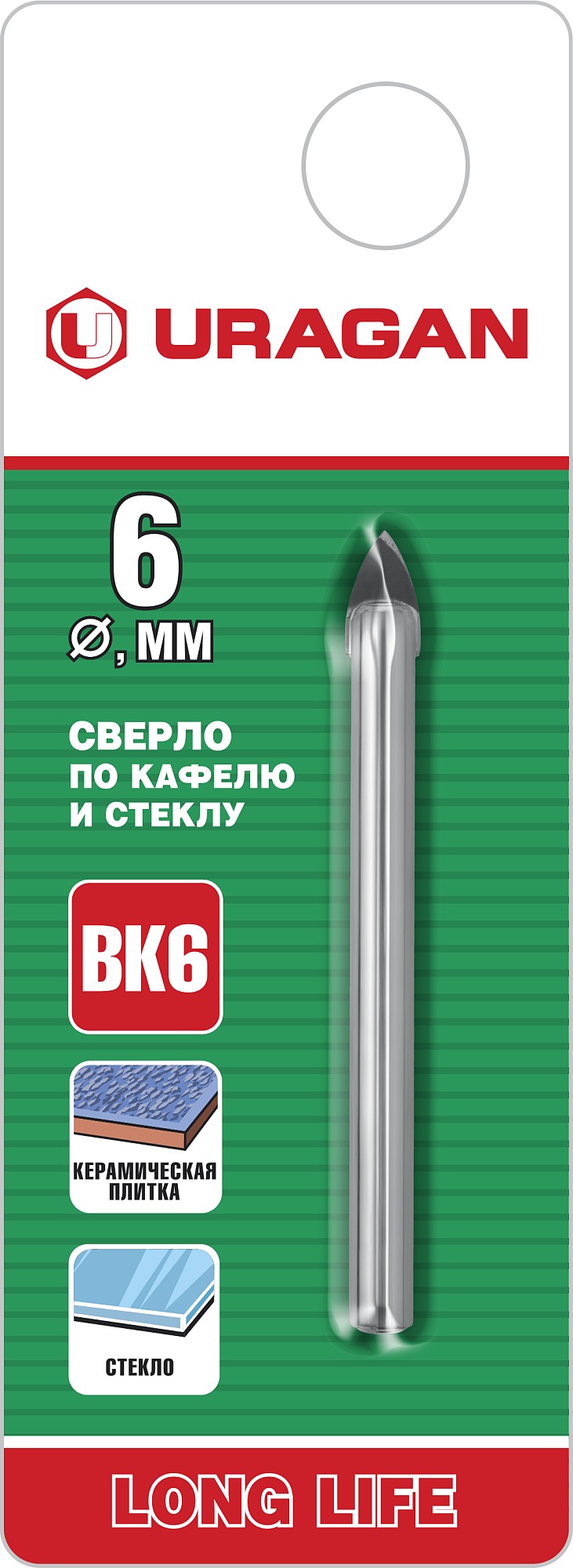 URAGAN 6 мм, 2х кромка, цилиндр хвостовик, Сверло по стеклу и кафелю (29830-06) — фото 2