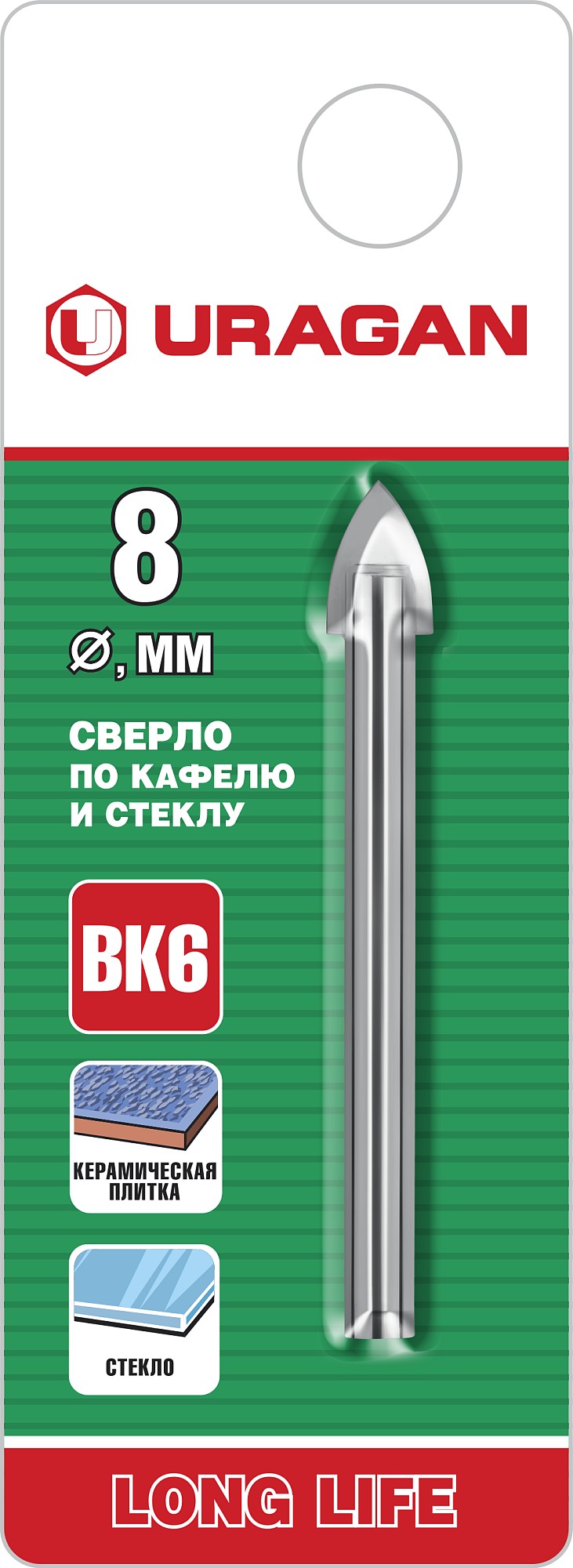 URAGAN 8 мм, 2х кромка, цилиндр хвостовик, Сверло по стеклу и кафелю (29830-08) — фото 2