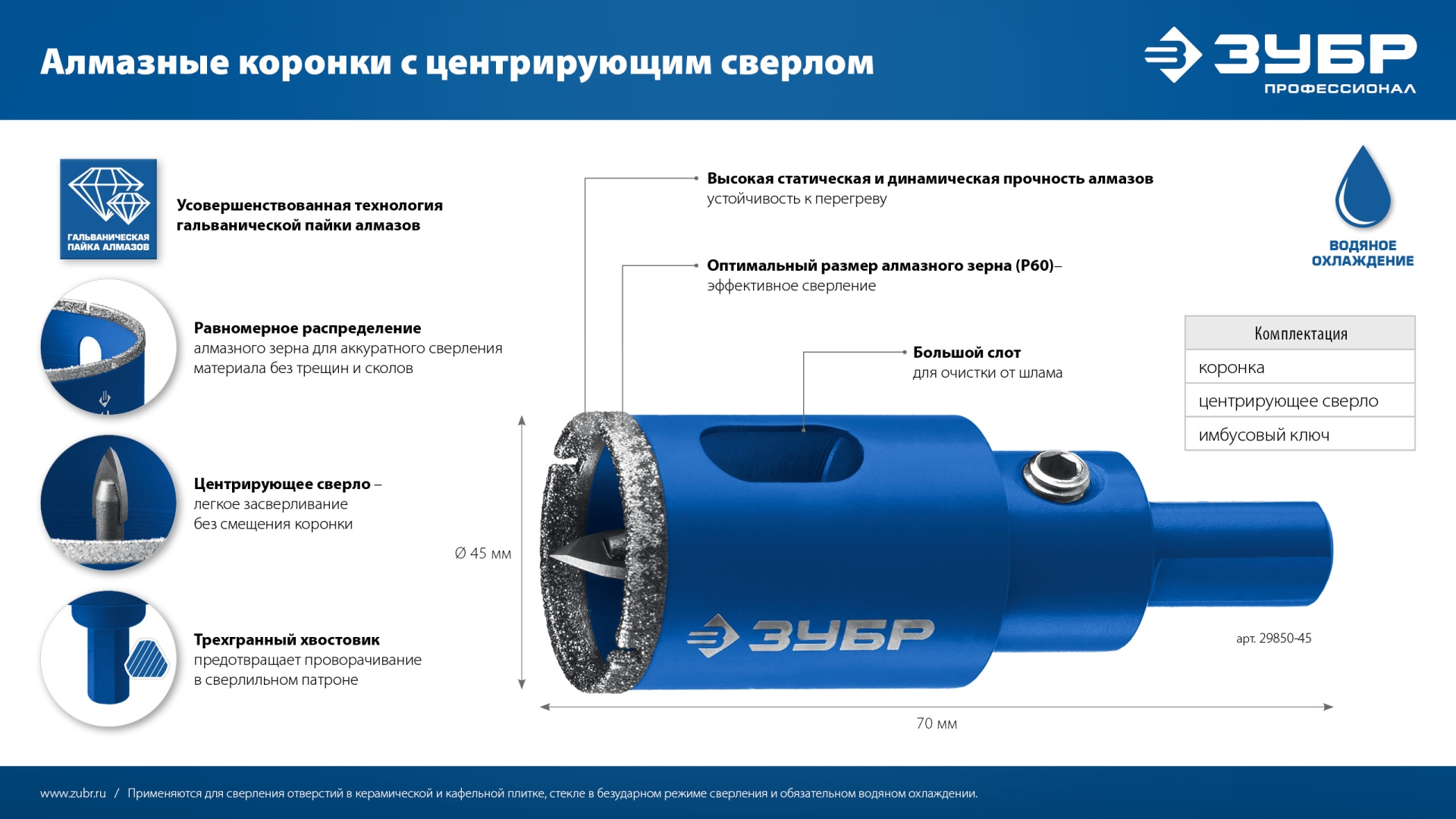 ЗУБР АГК, d 68 мм, (центр. сверло, трехгр. хвост, Р60), алмазная коронка, Профессионал (29850-68) — фото 13
