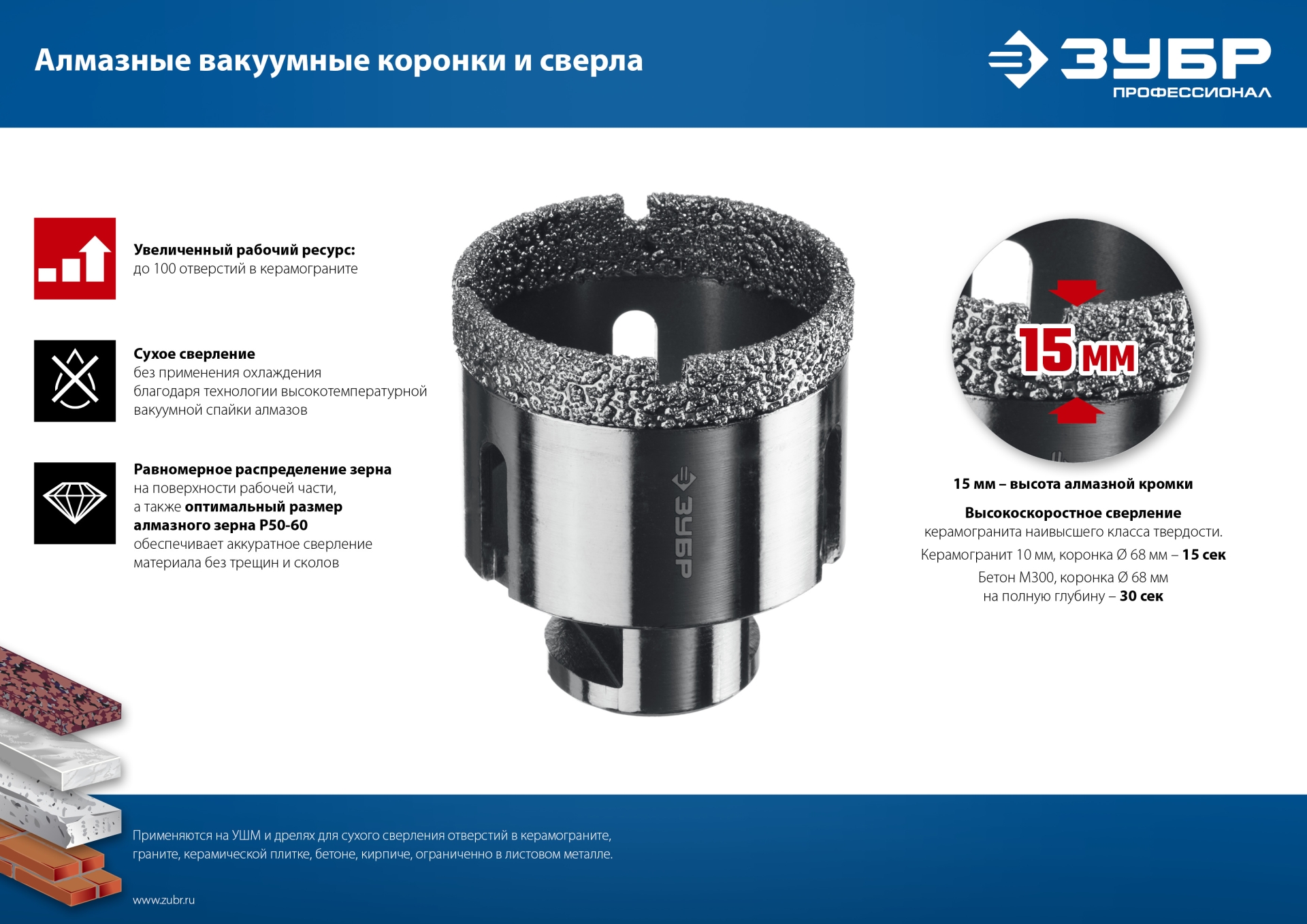 ЗУБР АВК, d 8 мм, (HEX 1/4″, 15 мм кромка), вакуумное алмазное трубчатое сверло, Профессионал (29865-08) — фото 6