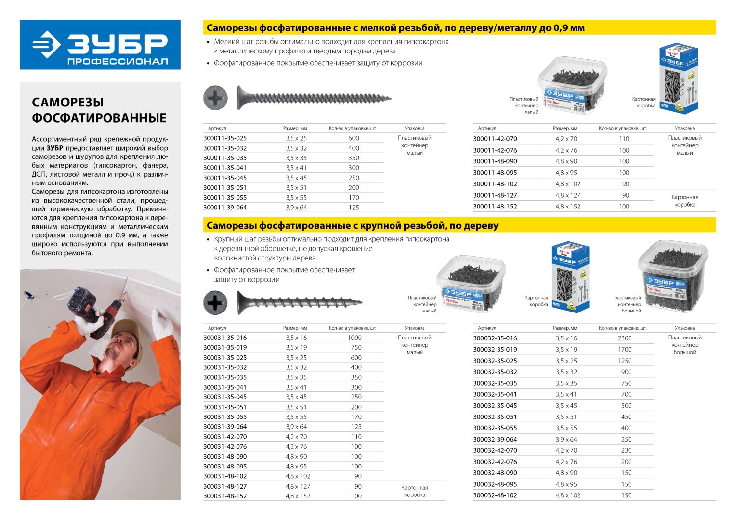 ЗУБР СГМ, 70 х 4.2 мм, фосфатированное покрытие, 110 шт (0,51 кг.), саморез гипсокартон-металл, Профессионал (300011-42-070) — фото 5