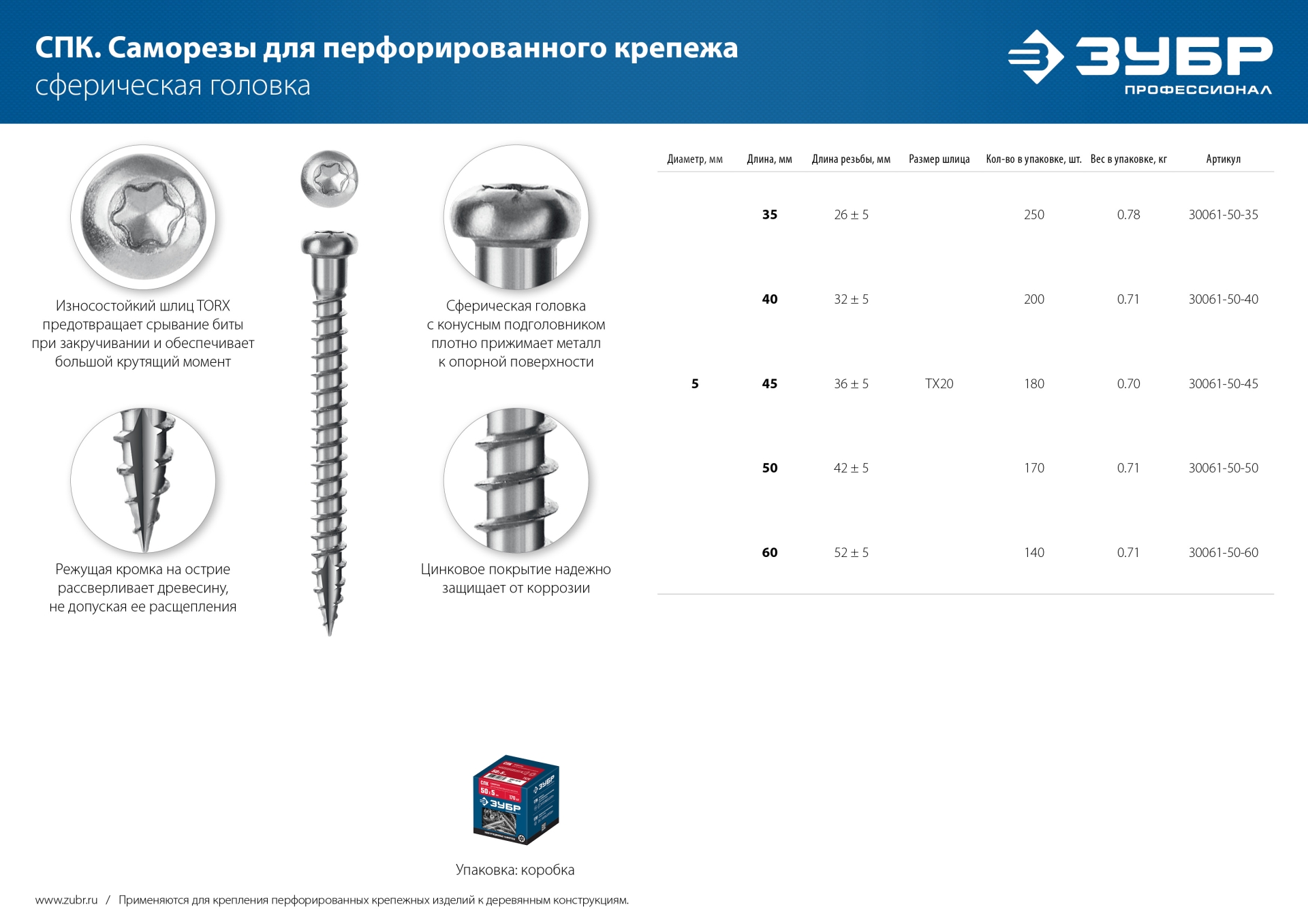 ЗУБР СПК, 50 х 5 мм, TX20, цинк 170 шт (0,68 кг.), саморез для перфорированного крепежа, Профессионал (30061-50-50) — фото 7