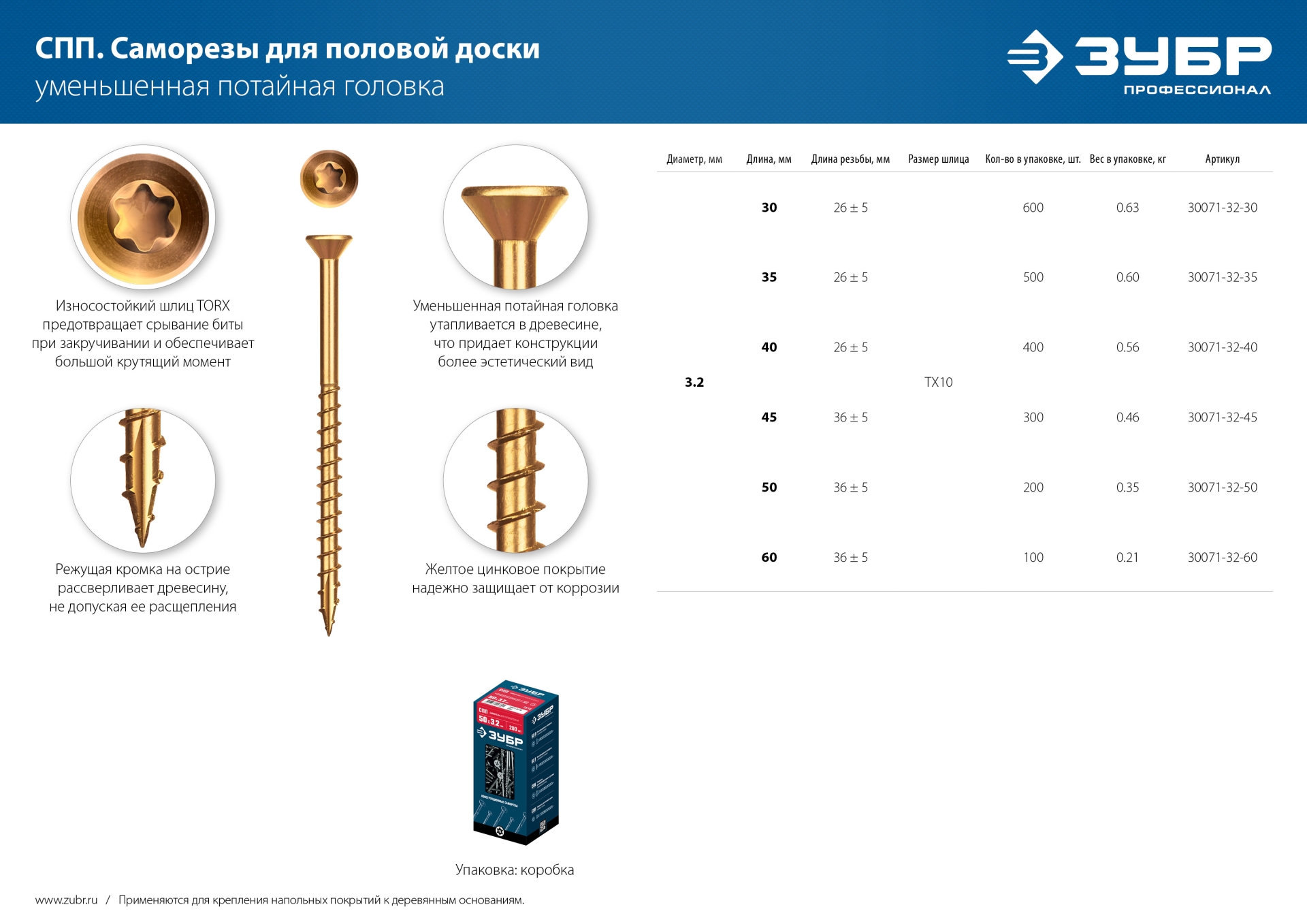 ЗУБР СПП, 30 х 3.2 мм, TX10, цинк 600 шт (0,6 кг.), саморез для половой доски и паркета, Профессионал (30071-32-30) — фото 7