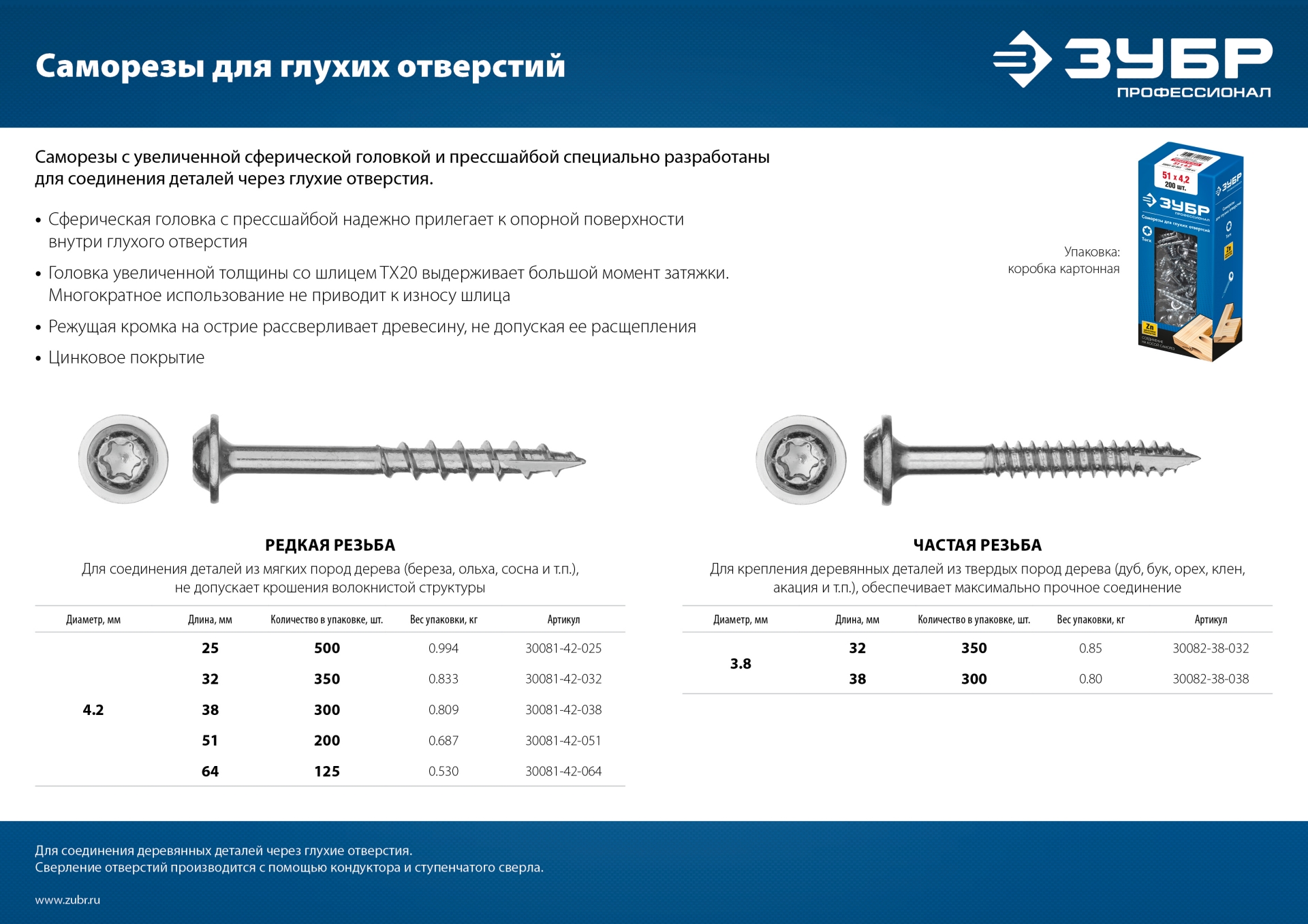 ЗУБР 38 х 4.2 мм, редкая резьба, ТХ20, цинк, 300 шт, саморез для глухих отверстий, Профессионал (30081-42-038) — фото 8