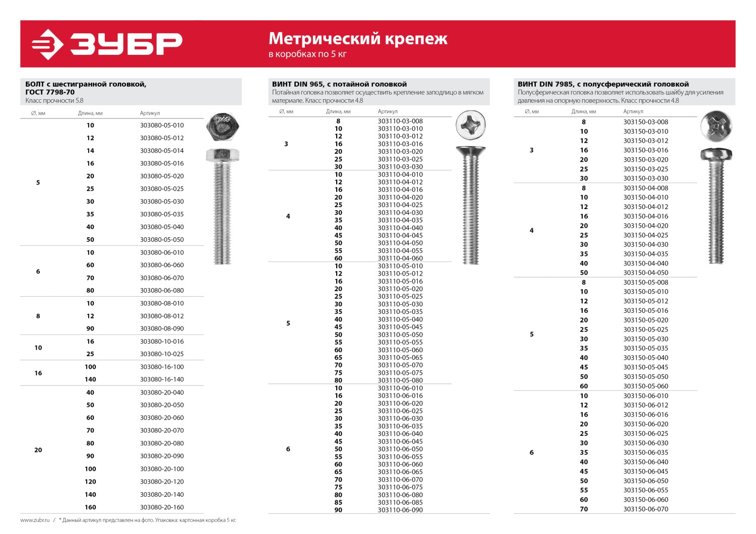 ЗУБР ГОСТ 7798-70, кл. пр. 5.8, M12 х 100 мм, цинк, 5 кг, болт (303080-12-100) — фото 4