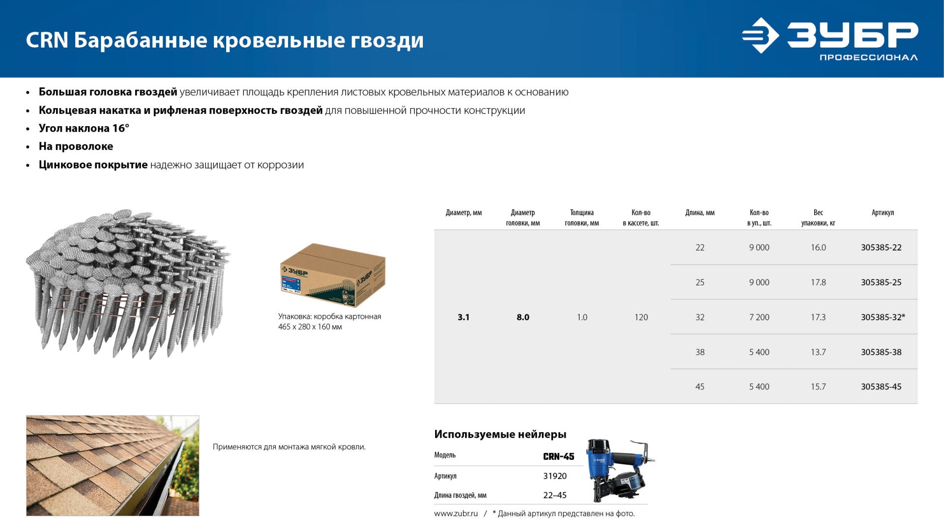 ЗУБР CRN 38 х 3.1 мм, барабанные гвозди кровельные оцинкованные, 5400 шт (305385-38) — фото 6