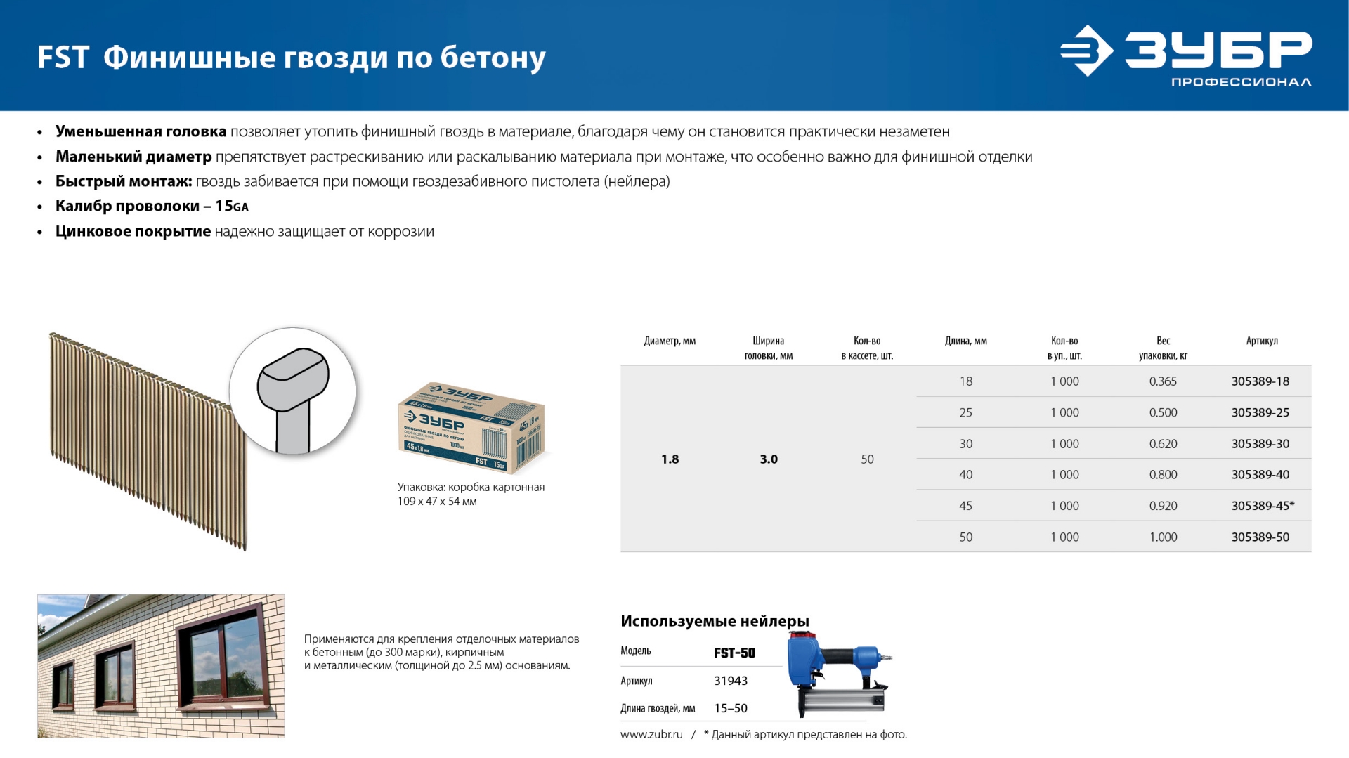 ЗУБР FST 50 х 1.8 мм, финишные гвозди по бетону оцинкованные, калибр 15GA, 1000 шт (305389-50) — фото 6