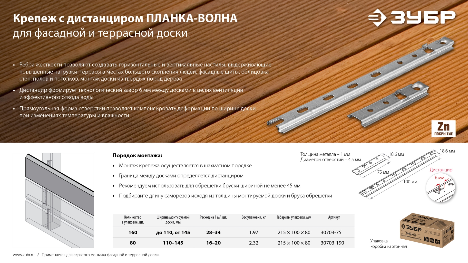 ЗУБР Планка-Волна, 190 мм, цинк, 80 шт, крепеж для монтажа фасадной и террасной доски (30703-190) — фото 9