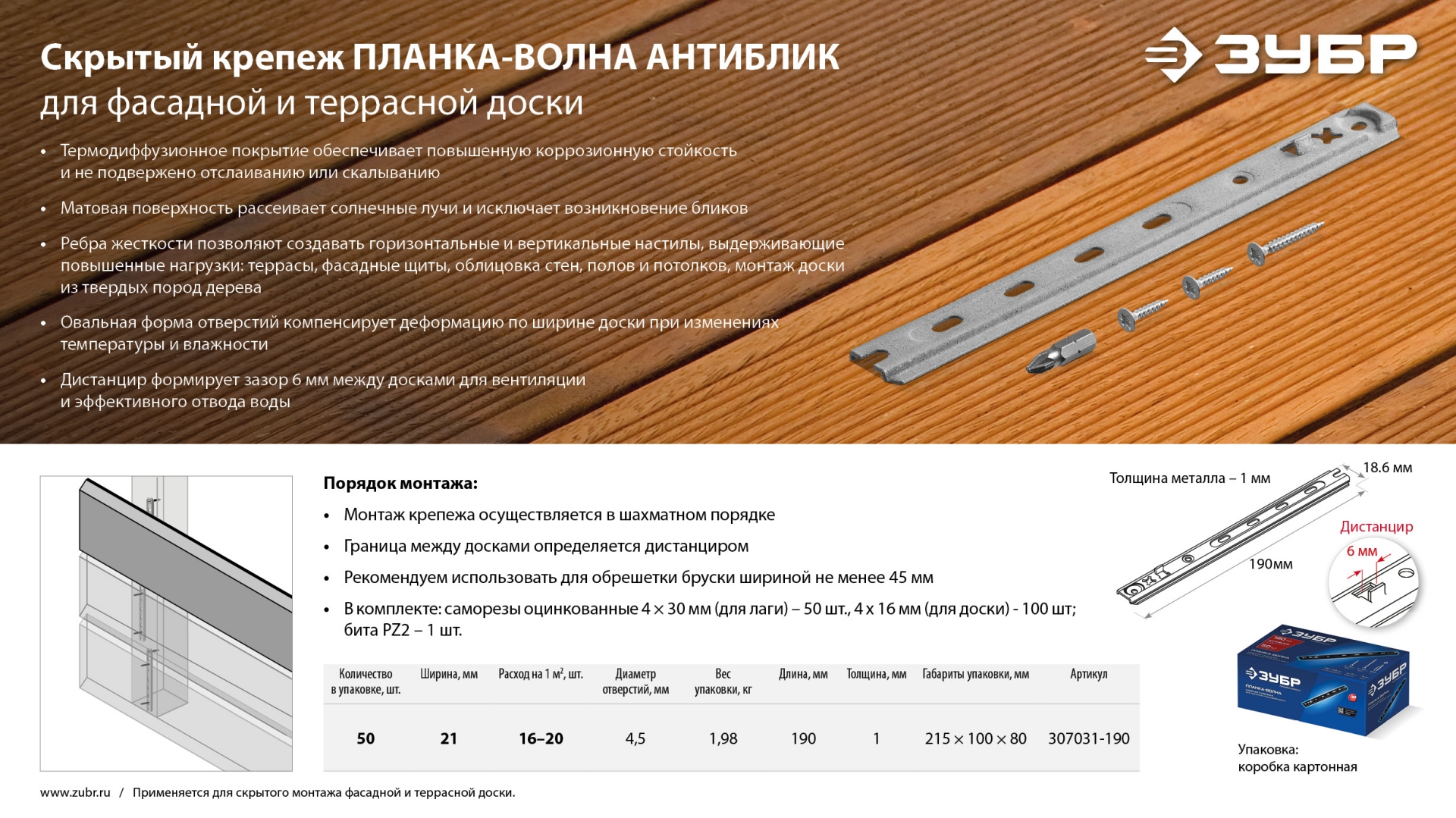 ЗУБР Планка-Волна Антиблик 190 мм, крепеж для фасадной и террасной доски, термодиф. покрытие, с саморезами и битой, 50 шт, Профессионал (307031-190) — фото 7