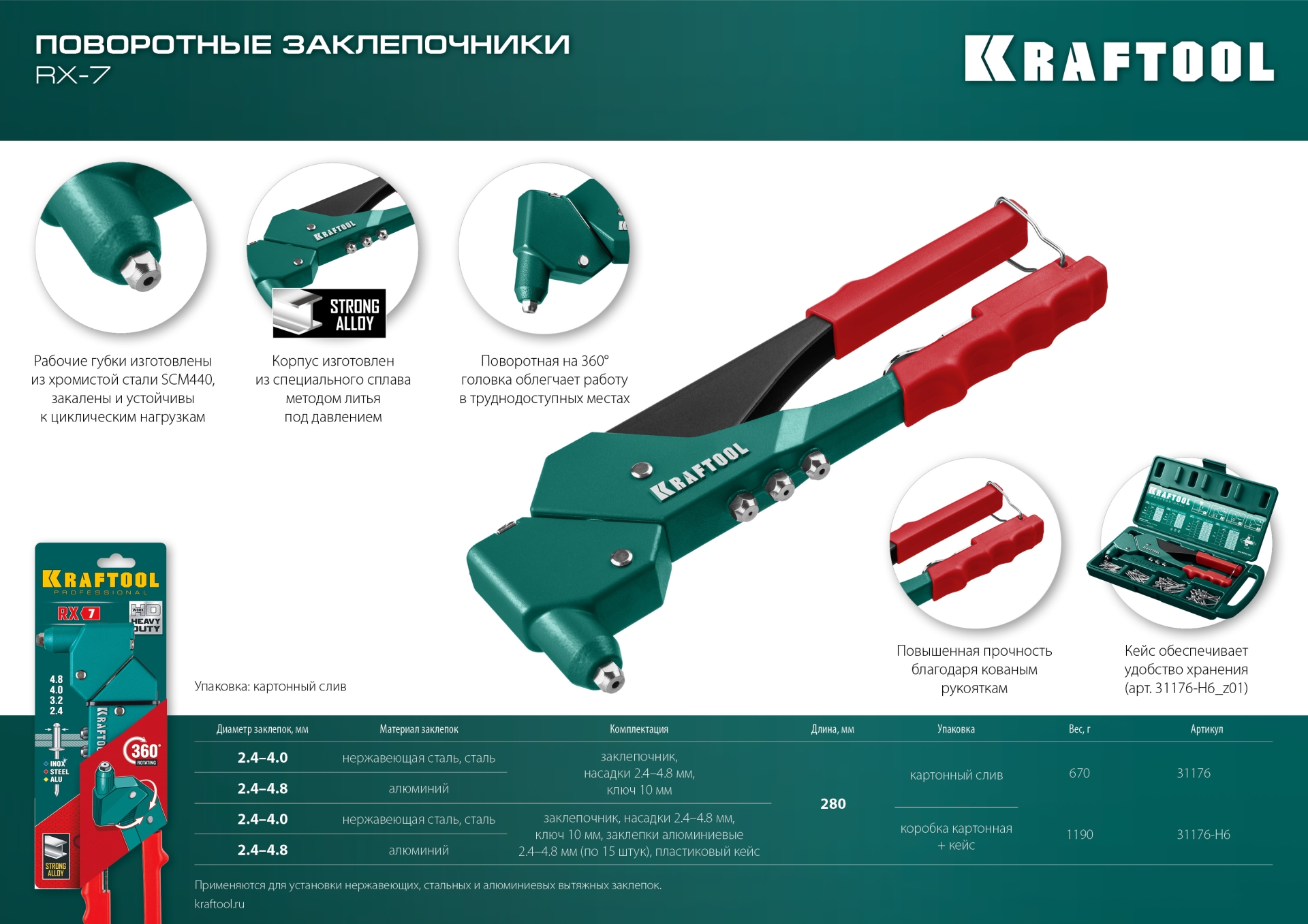 KRAFTOOL RX-7, 360°, 2.4 - 4.8 мм, 280 мм, литой поворотный заклепочник в кейсе (31176-H6) — фото 14
