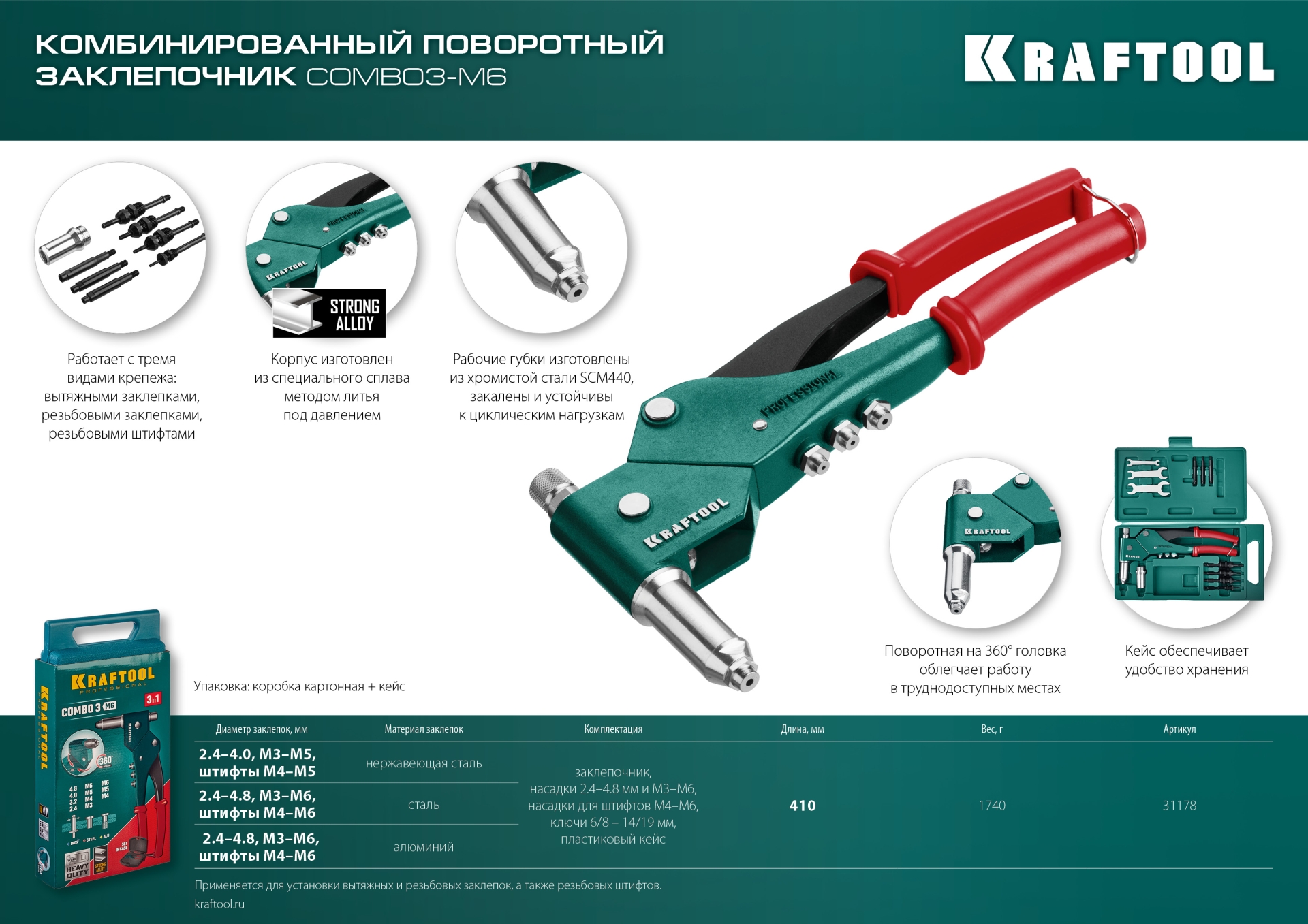 KRAFTOOL Combo3-M6, 360°, 3 вида заклёпок, комбинированный поворотный заклепочник в кейсе (31178) — фото 16