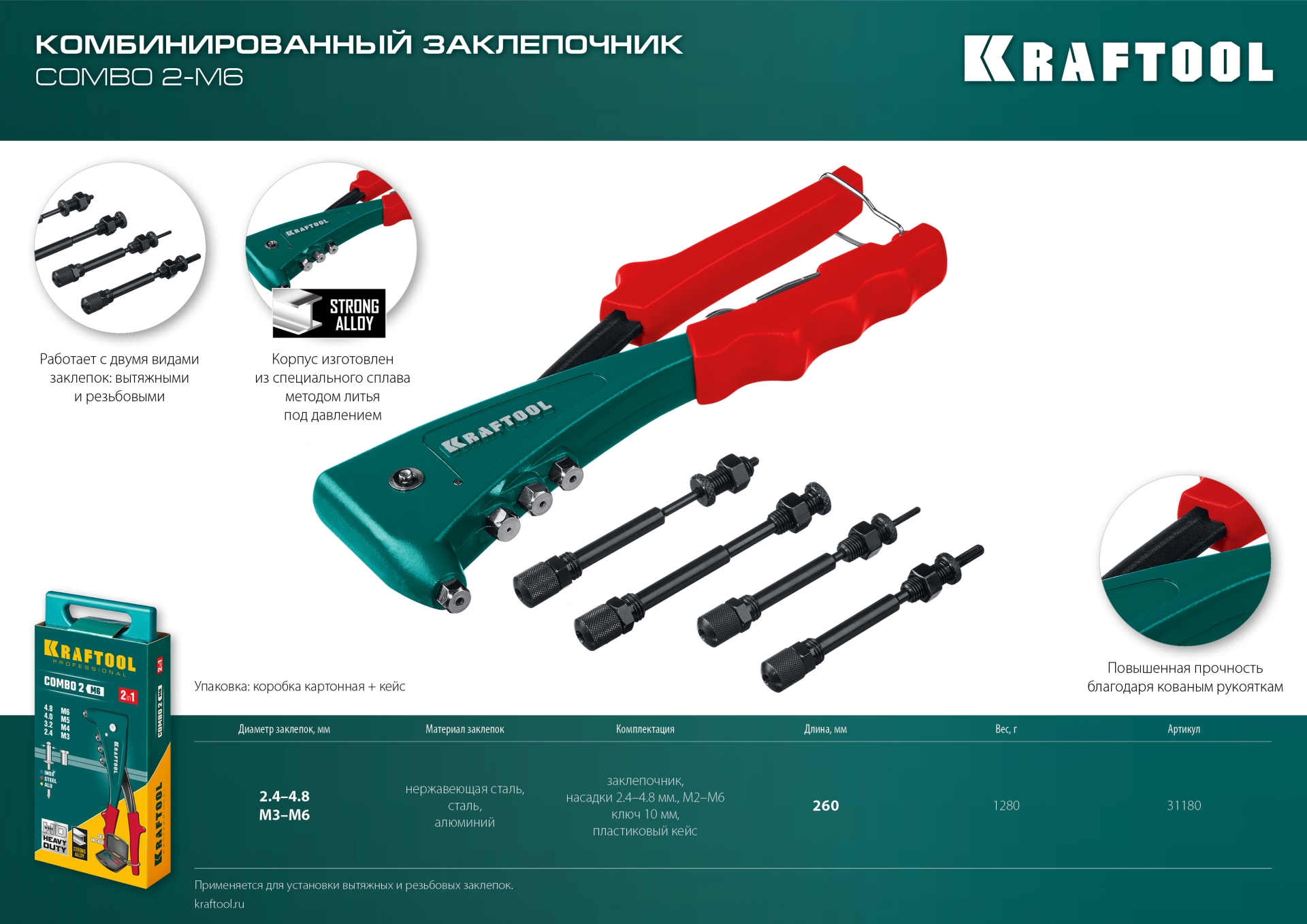 KRAFTOOL Combo2-M6, 2 вида заклёпок, комбинированный литой заклепочник в кейсе (31180) — фото 14