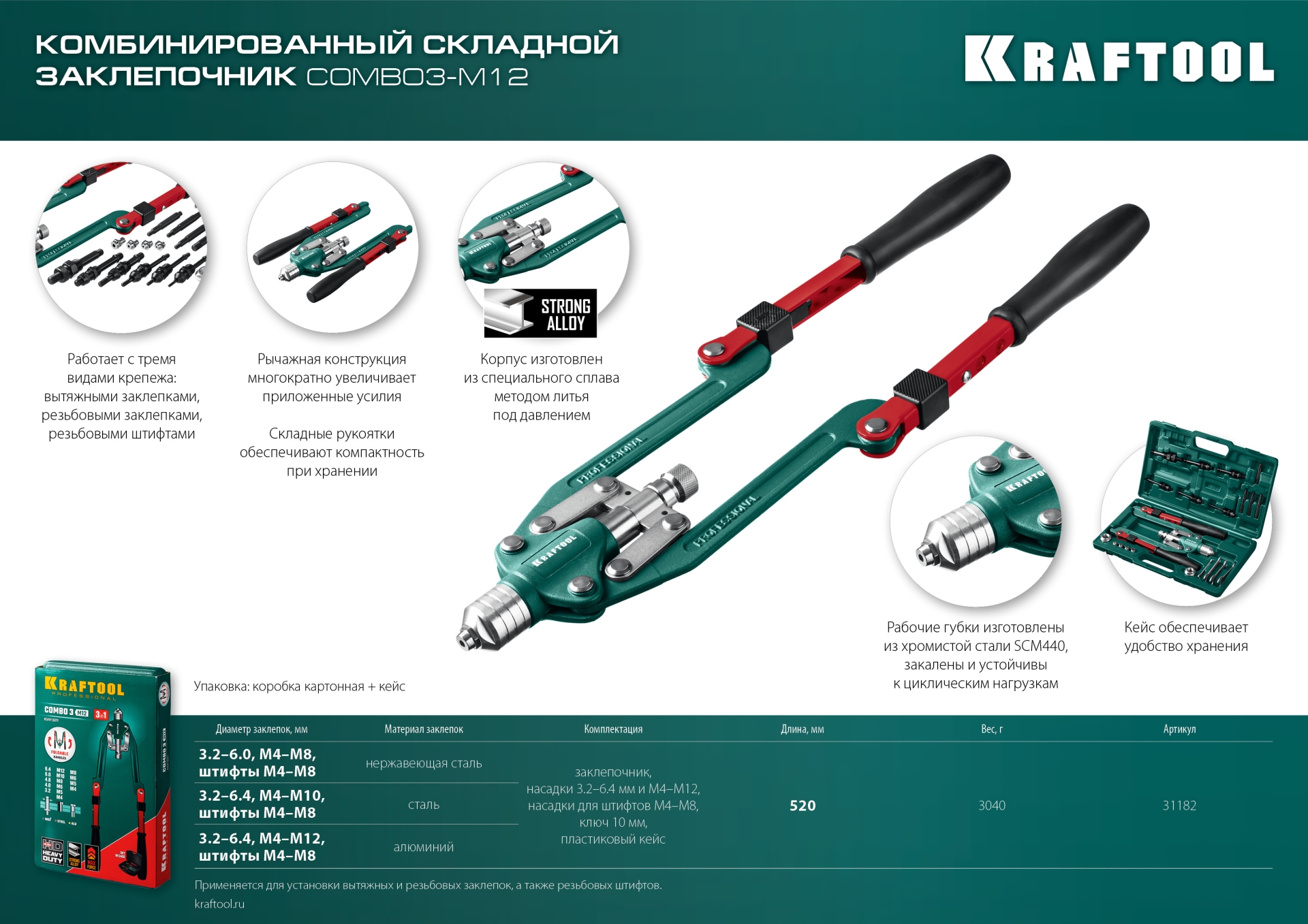 KRAFTOOL Combo3-M12, 3 вида заклёпок, комбинированный складной заклепочник в кейсе (31182) — фото 14
