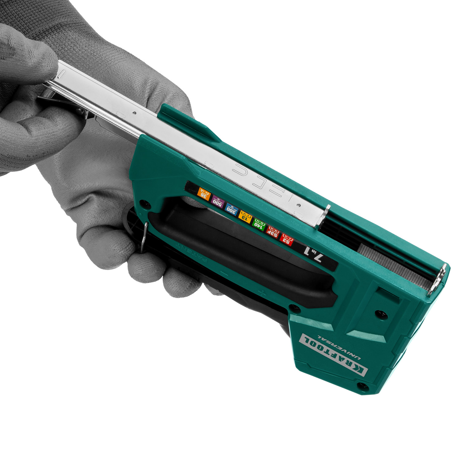 KRAFTOOL Universal, 7-в-1: 53 (A/10/JT21) 23GA (6 - 14 мм)/140 (G/11/57) 20GA (8 - 14 мм)/13/53F/36/500, универсальный легкий степлер (31524) — фото 14