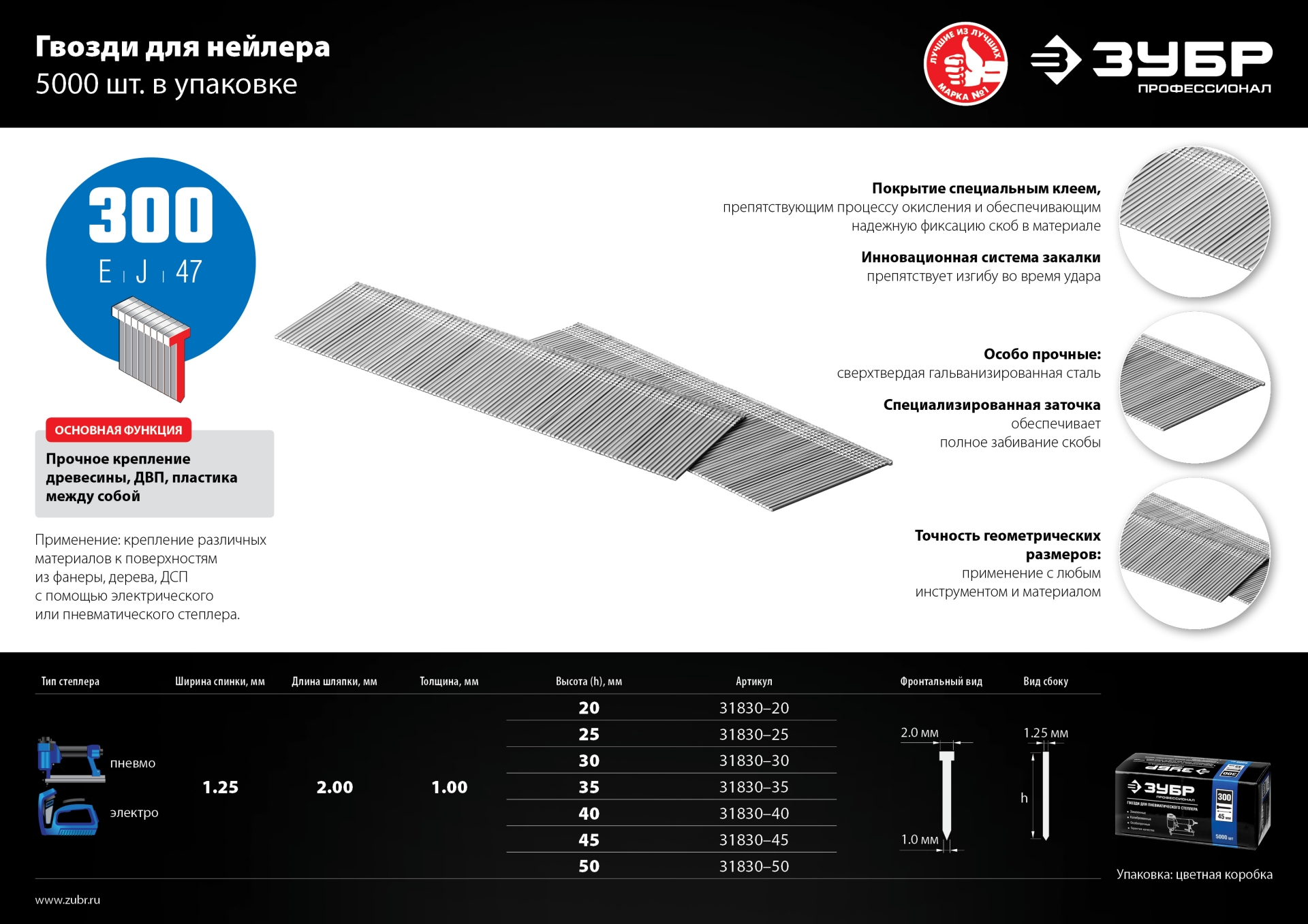 ЗУБР гвозди тип 300 (47/J/F), 30 мм, калибр 18GA. 5000 шт. Профессионал (31830-30) — фото 7