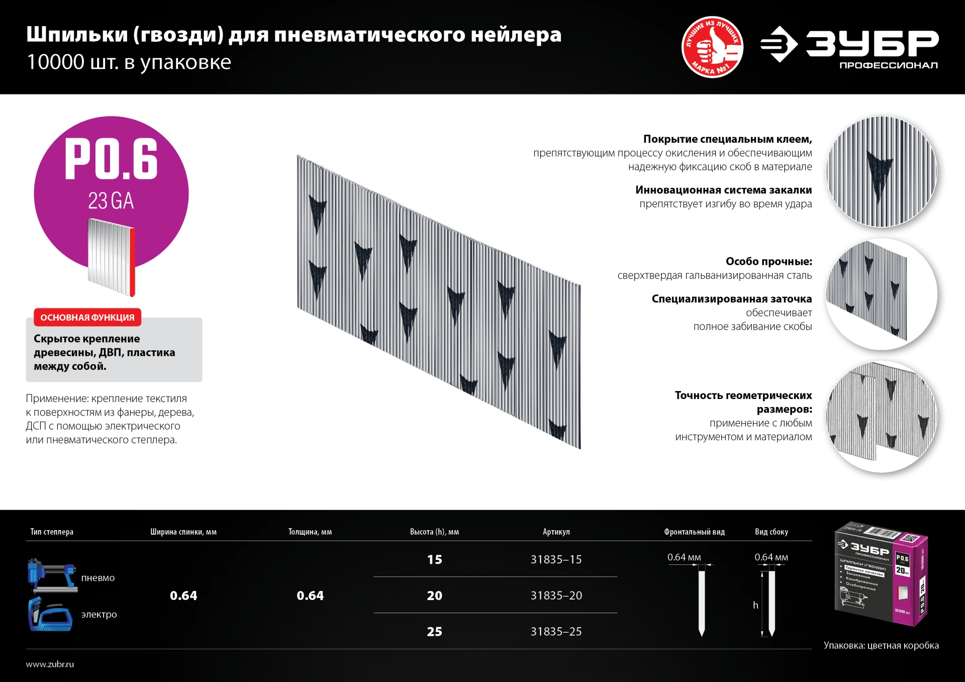 ЗУБР шпильки тип P0.6, 20 мм, калибр 23GA. 10 000 шт. Профессионал (31835-20) — фото 5