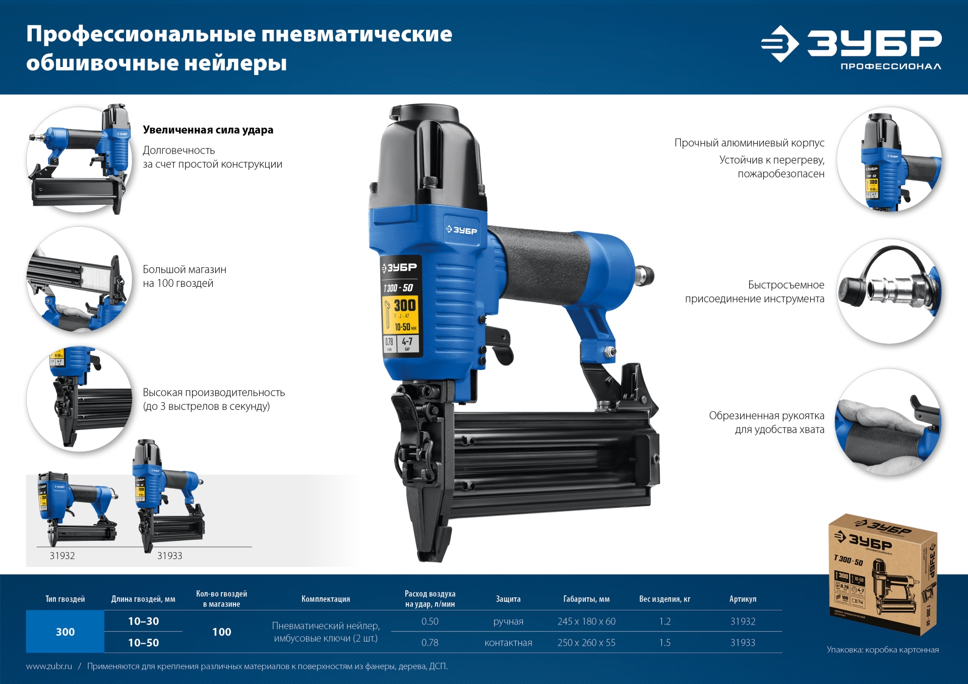 ЗУБР Т300-30 пневматический нейлер для гвоздей 18Ga, тип 300 (10-30 мм), Профессионал (31932) — фото 15
