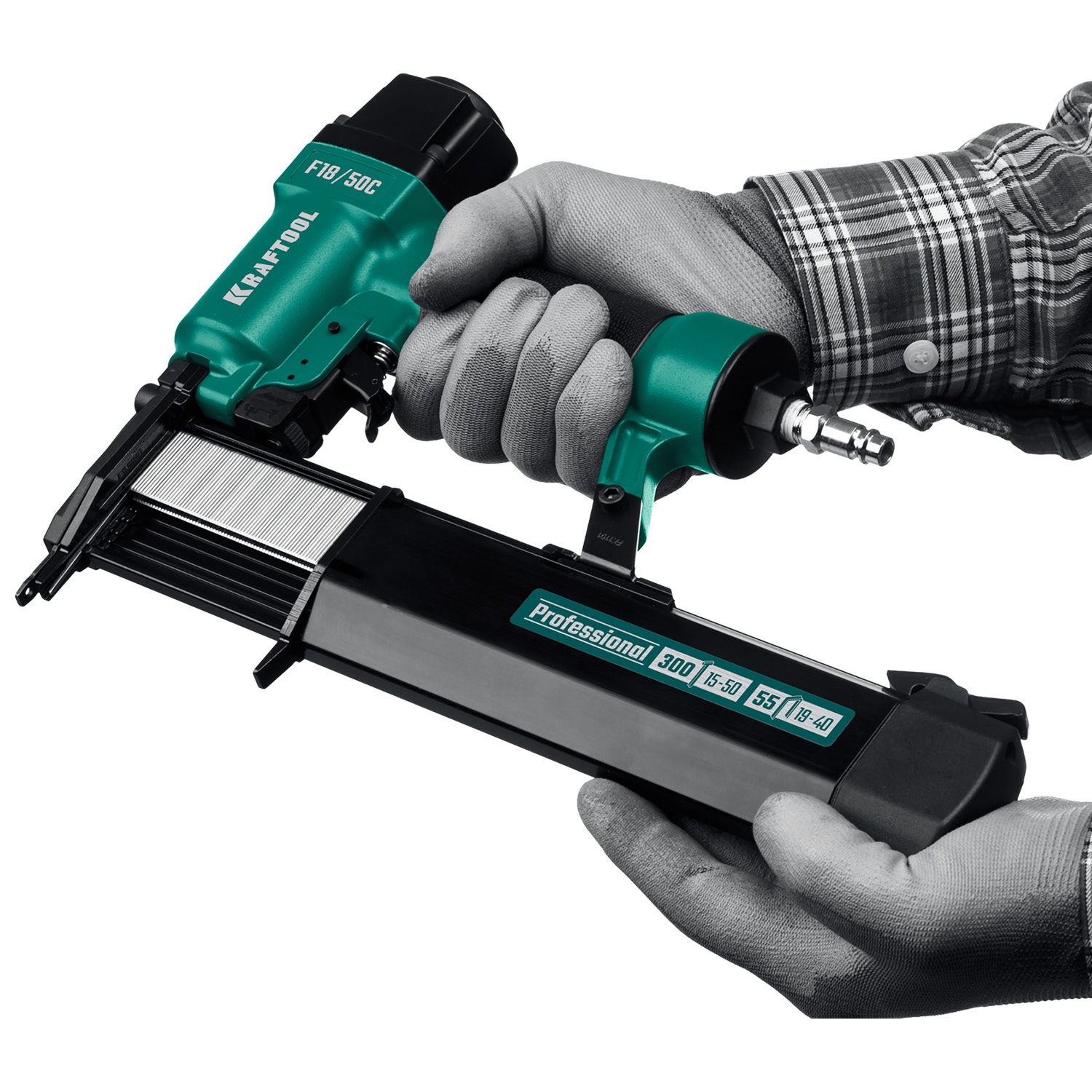 KRAFTOOL F18/50C, пневматический нейлер-степлер 18Ga 2-в-1 для скоб тип 55 и гвоздей тип 300, (31962) — фото 7