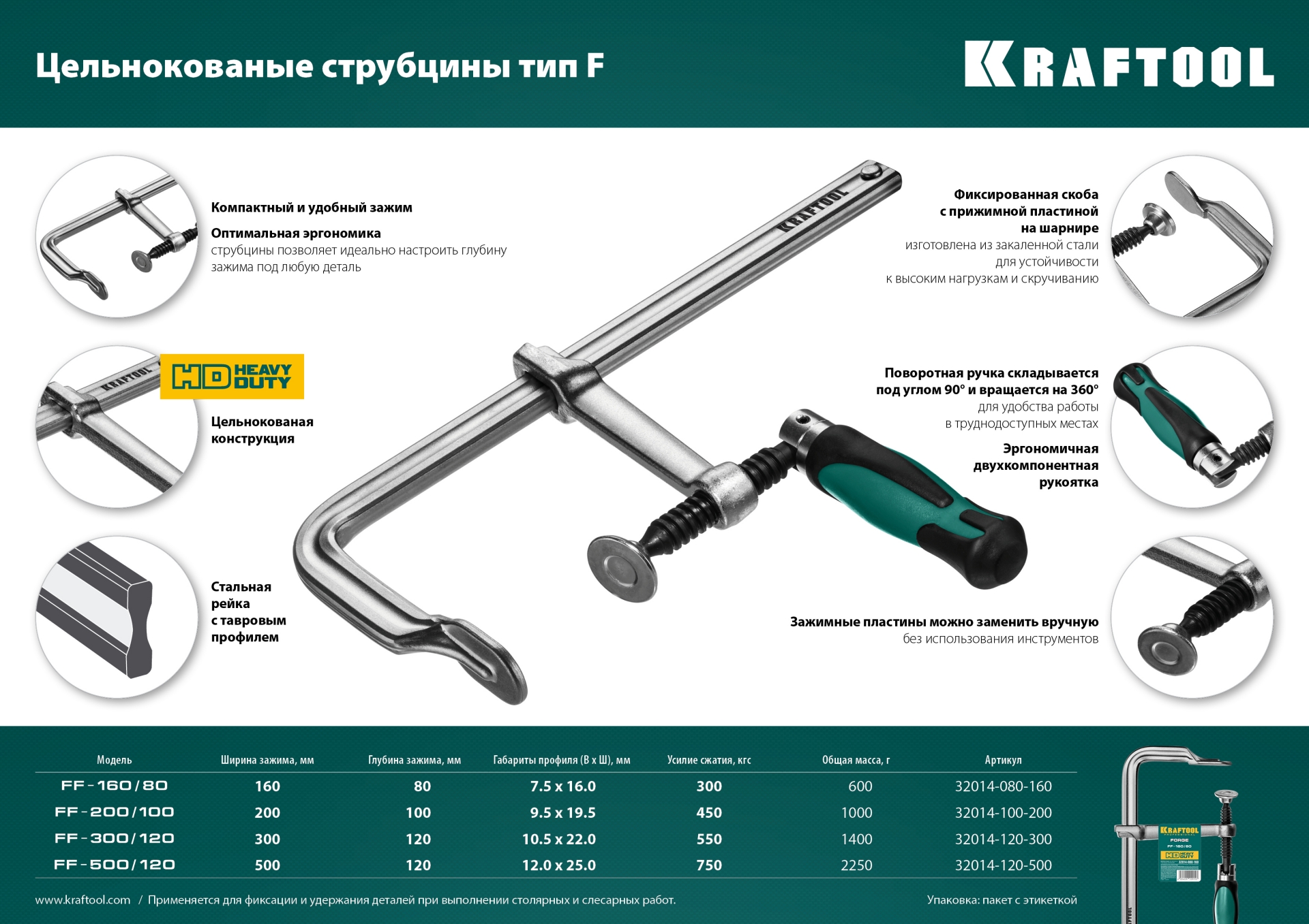 KRAFTOOL Forge FF-200/100, 100 х 200 мм, цельнокованая струбцина F (32014-100-200) — фото 7