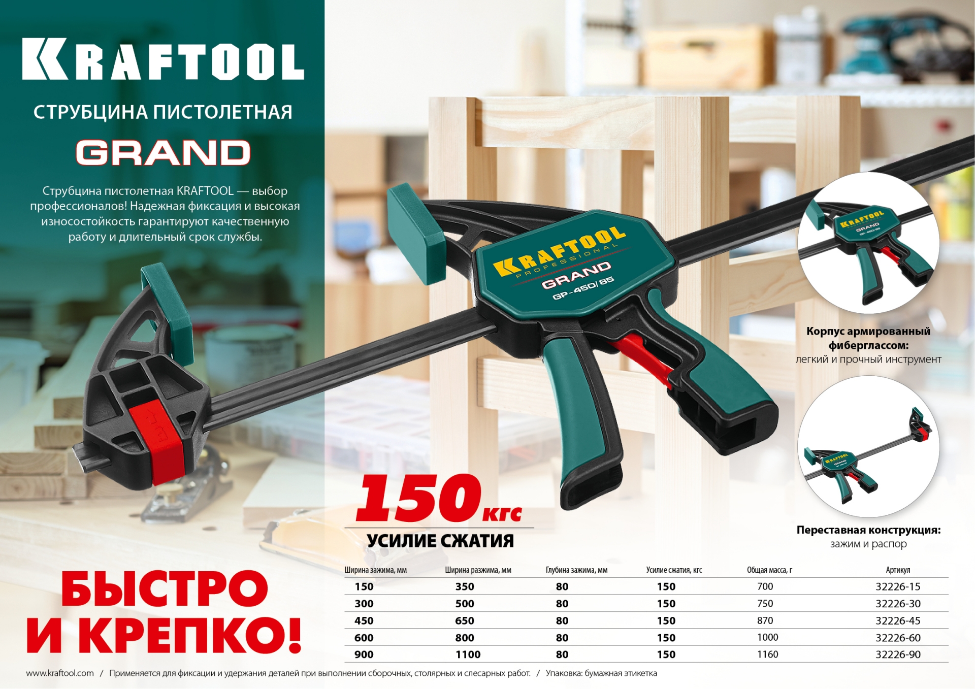 KRAFTOOL GP-900/85, 900 х 85 мм, пистолетная струбцина (32226-90) — фото 4