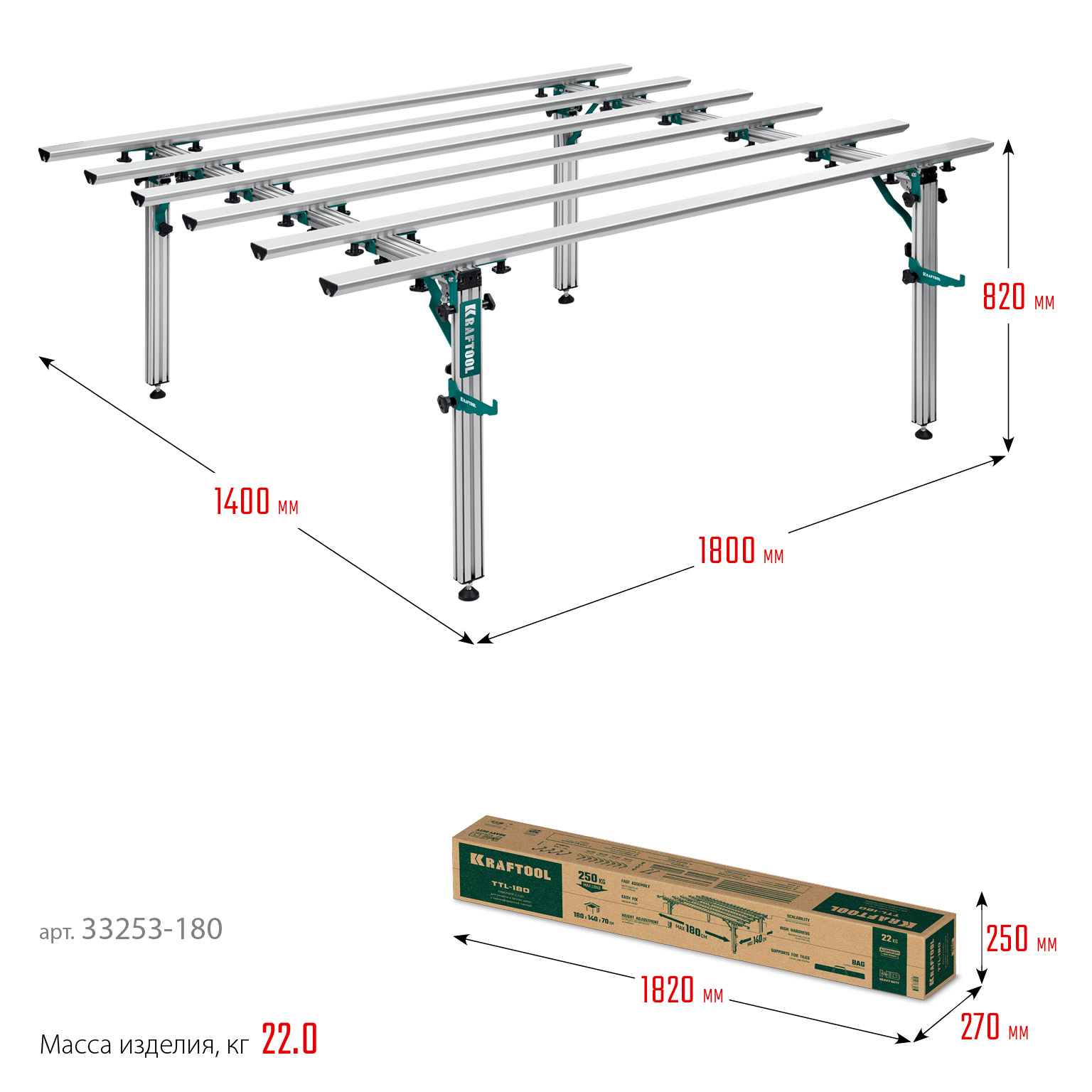 KRAFTOOL TTL-180 180х140х70 см, макс 250 кг, стол для работ с крупноформатными листовыми материалами (33253-180) — фото 11