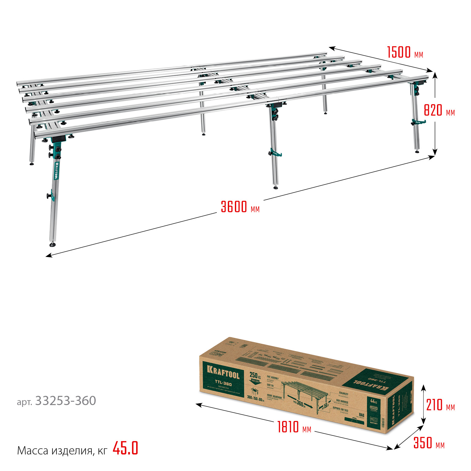 KRAFTOOL TTL-360 360х150х70 см, макс 250 кг, стол для работ с крупноформатными листовыми материалами (33253-360) — фото 11
