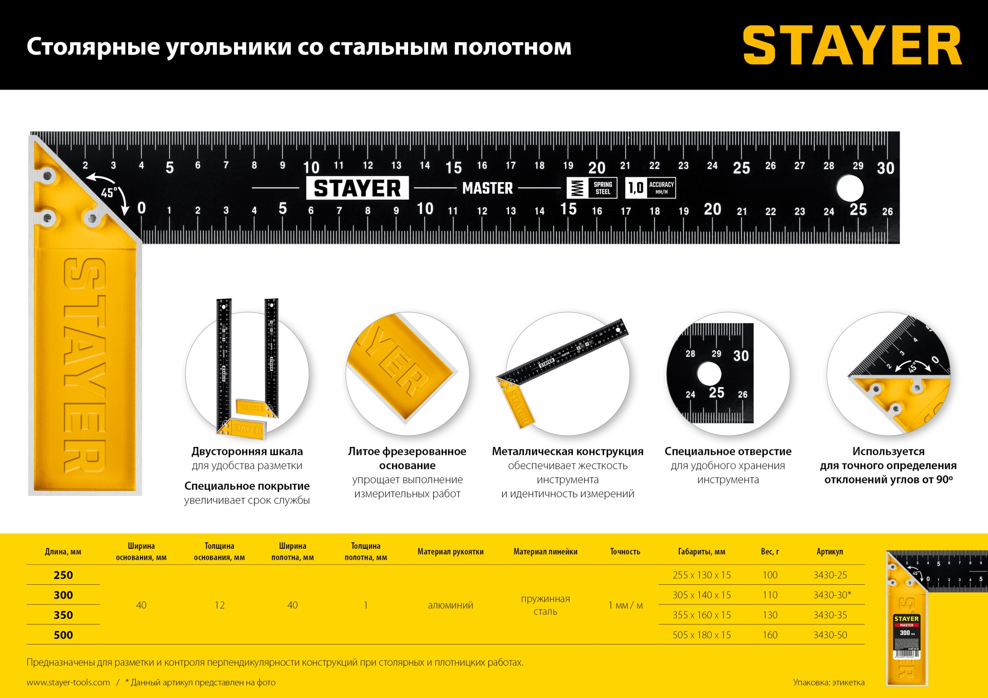 STAYER 500 мм, столярный угольник со стальным полотном (3430-50) — фото 6