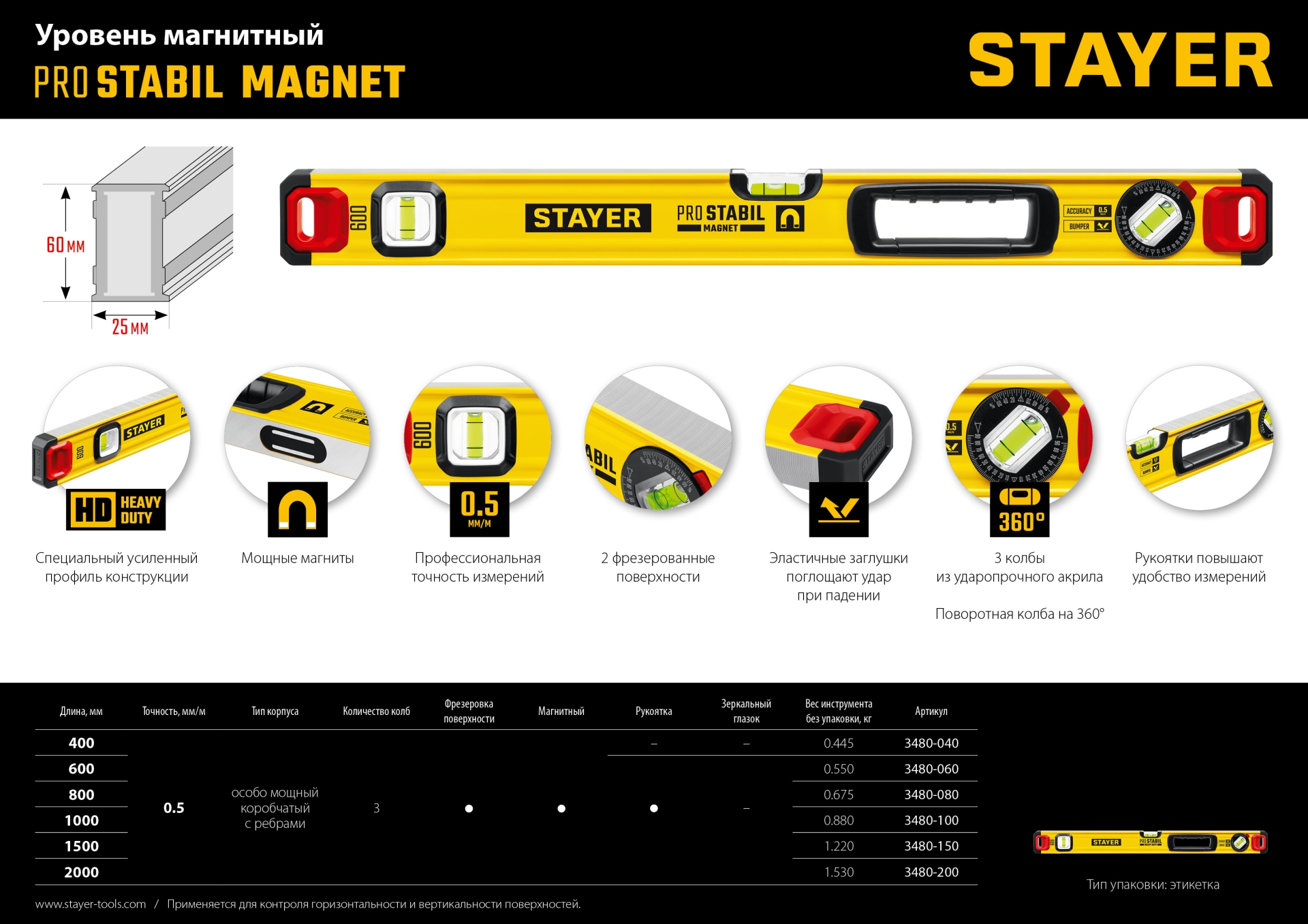 STAYER PRO STABIL, 800 мм, усиленный профиль, магнитный уровень с поворотным глазком, Professional (3480-080) — фото 12