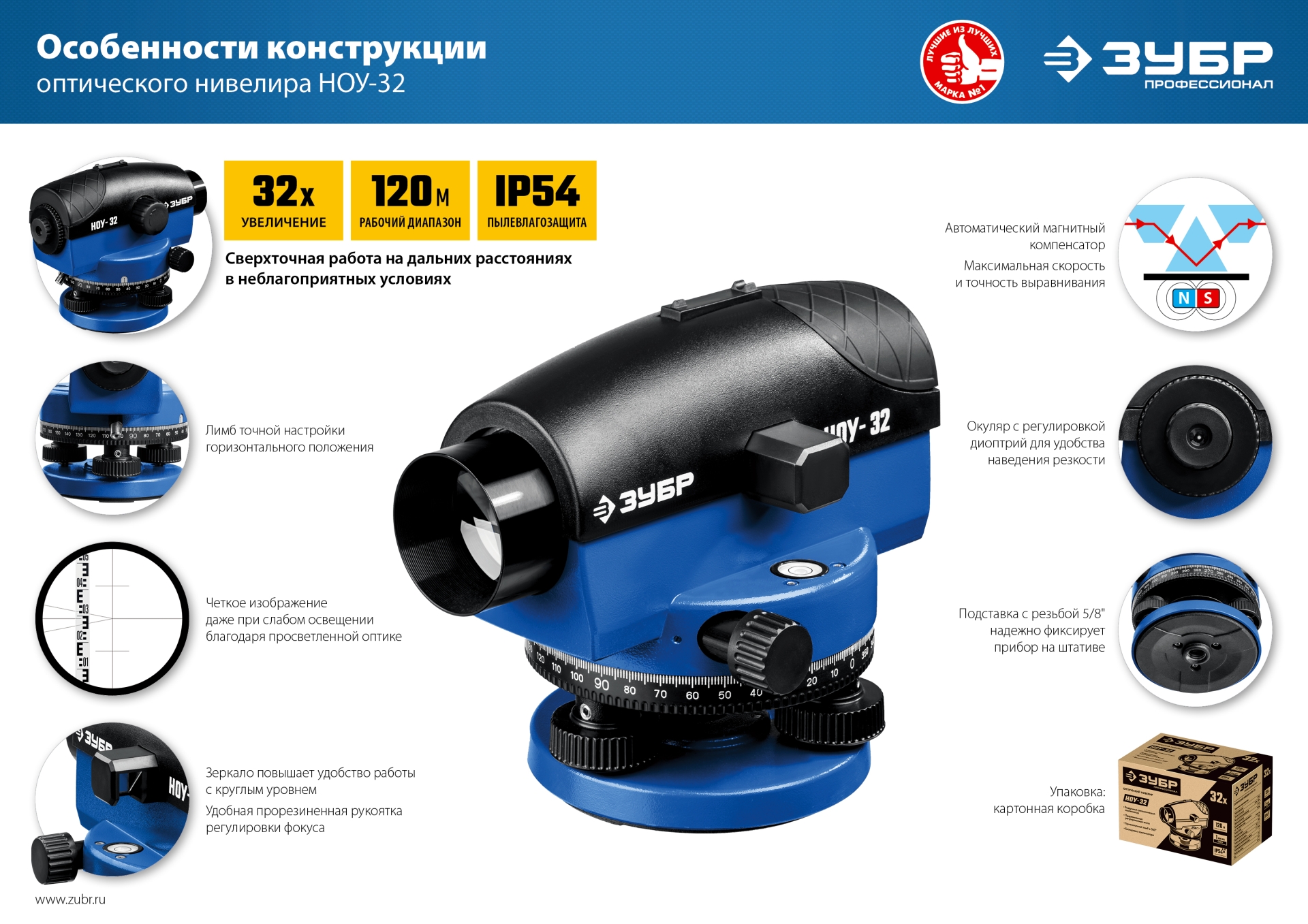 ЗУБР ОУ-32, 120 м, оптический нивелир, Профессионал (34917) — фото 13